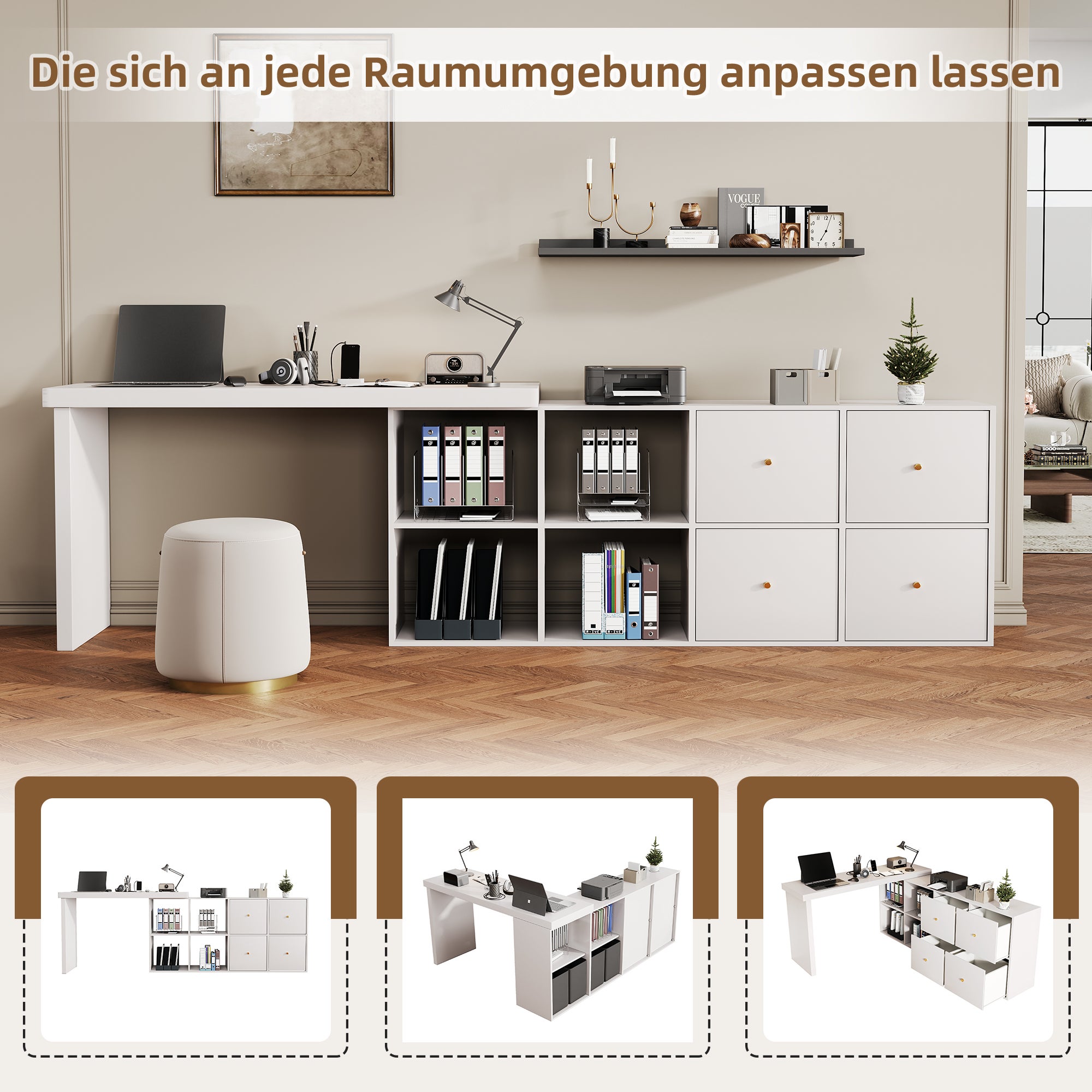 Bureau d'angle pivotant avec 4 compartiments et 4 tiroirs - 120 x 48 x 78 cm + 140 x 35 x 74  cm - MDF - Blanc - 3