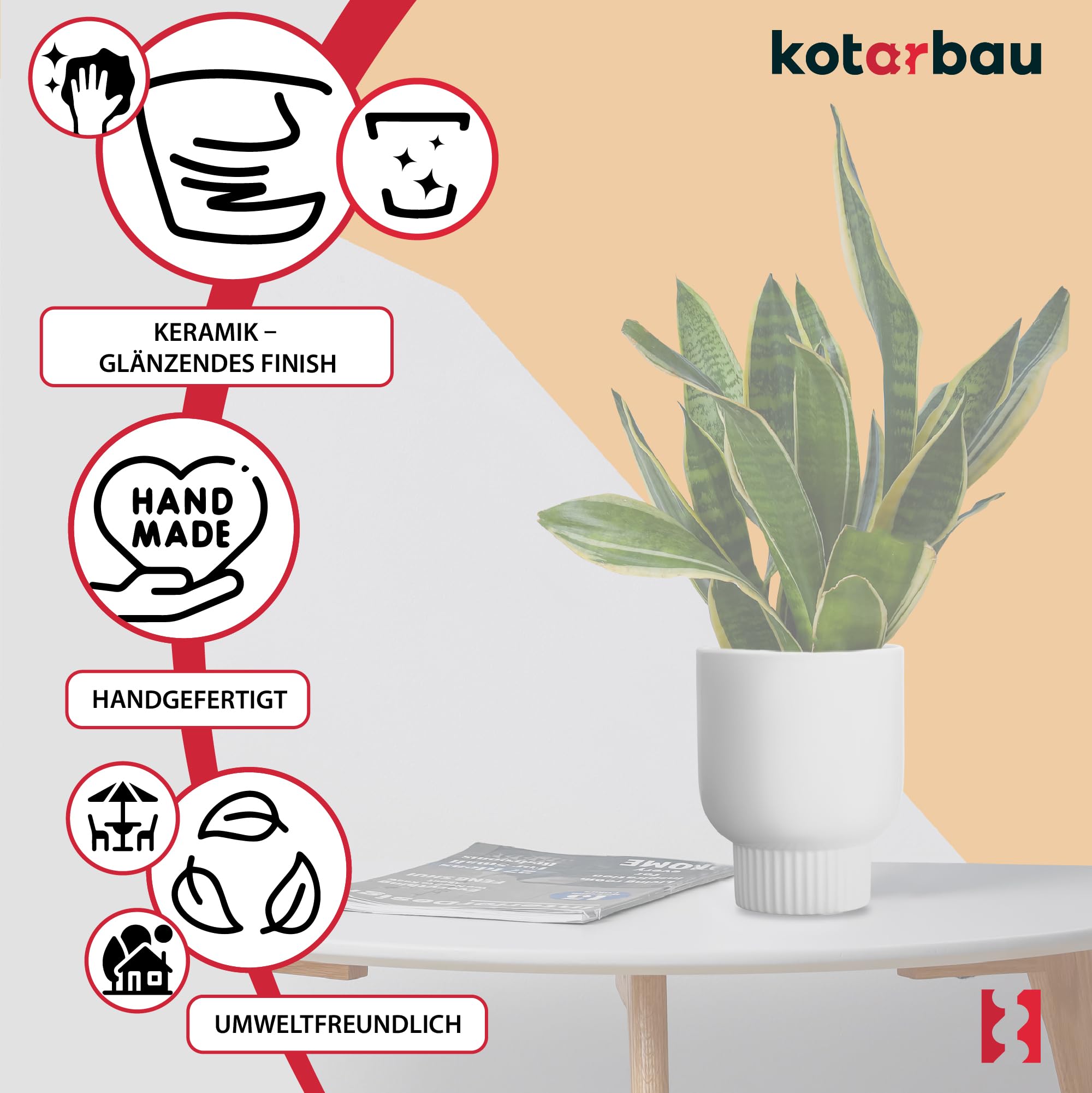 Lot de 2 Pots de Fleurs en Céramique, Diamètre : 12 cm, Hauteur : 16,5 cm, Blanc, Cache-Pot en Céramique pour Plantes d'Intérieur - KOTARBAU - 5