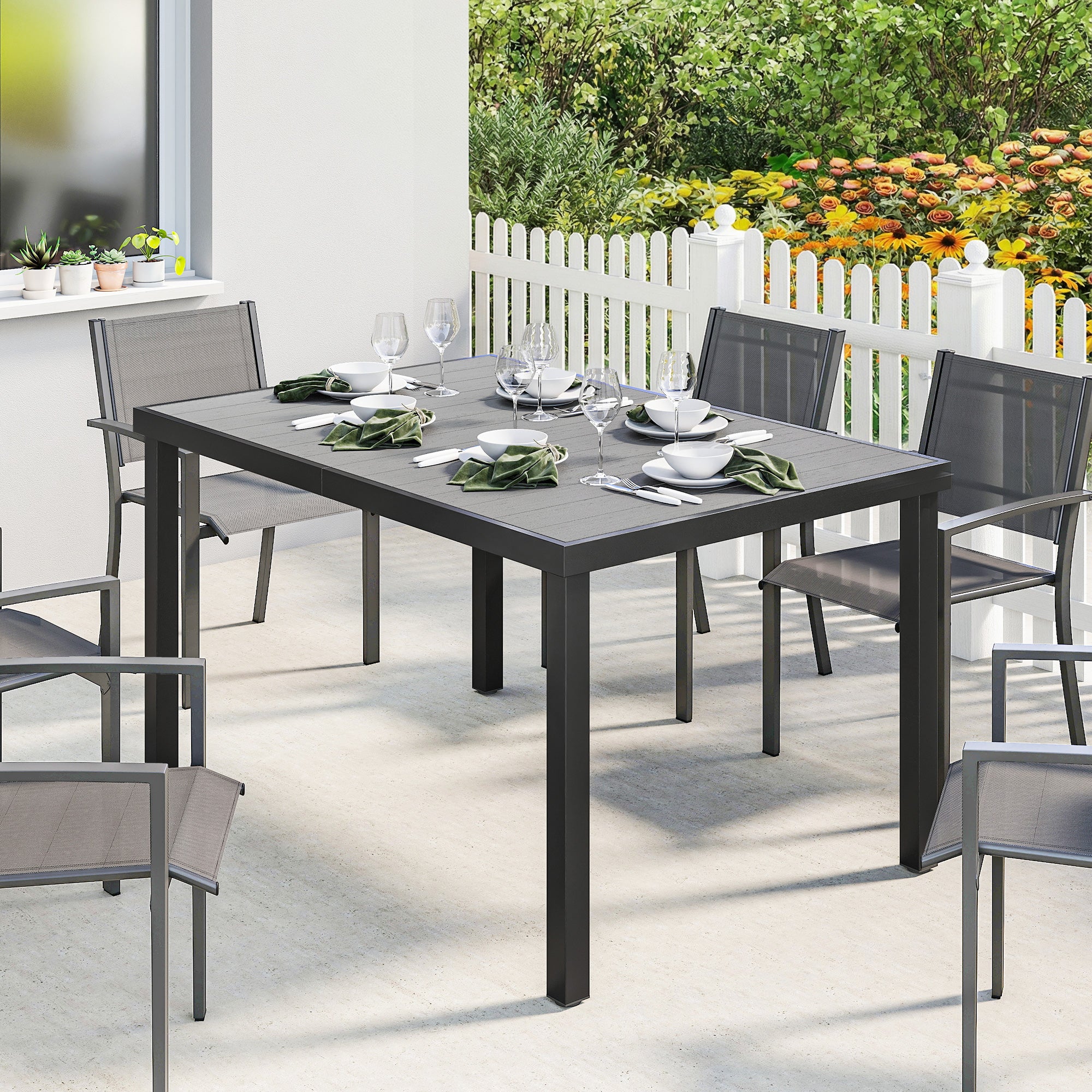 Table de jardin pour 4 à 6 personnes, table de repas d'extérieur avec plateau à lattes, 140 x 90 x 74 cm, grise - 3