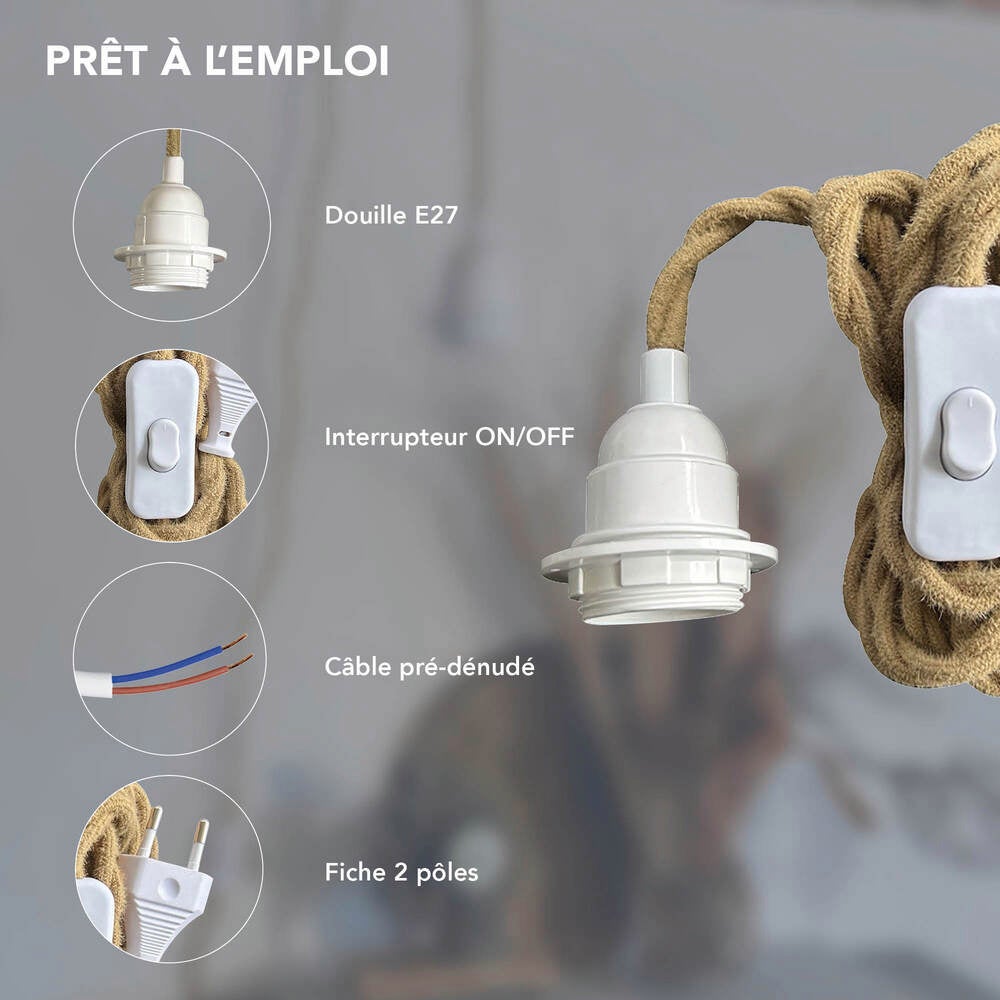 kit précablé avec 2 fils torsadés en corde 1x 0,75MM2 avec interrupteur, fiche et douille blancs, longueur 3M - Tibelec - 3