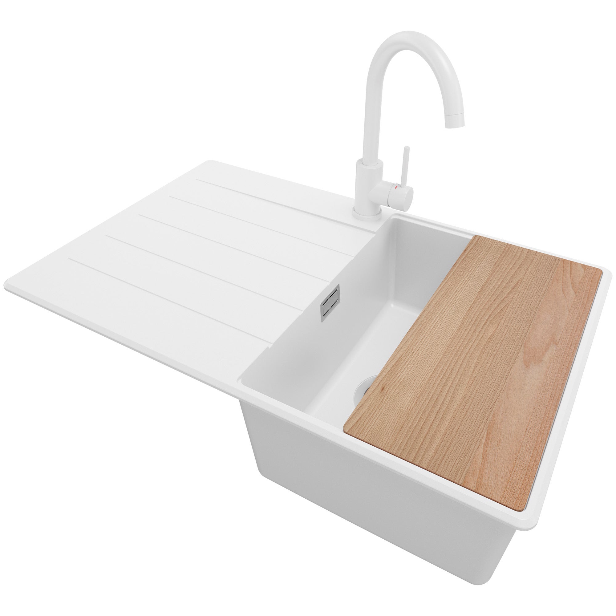 Zlewozmywak Granitowy Biały 78x50cm, Zlew Kuchenny 1 Komorowy + Bateria 32x20cm + Syfon + Deska, Nablatowy do szafki od 45cm - Kopenhaga PRIMAGRAN