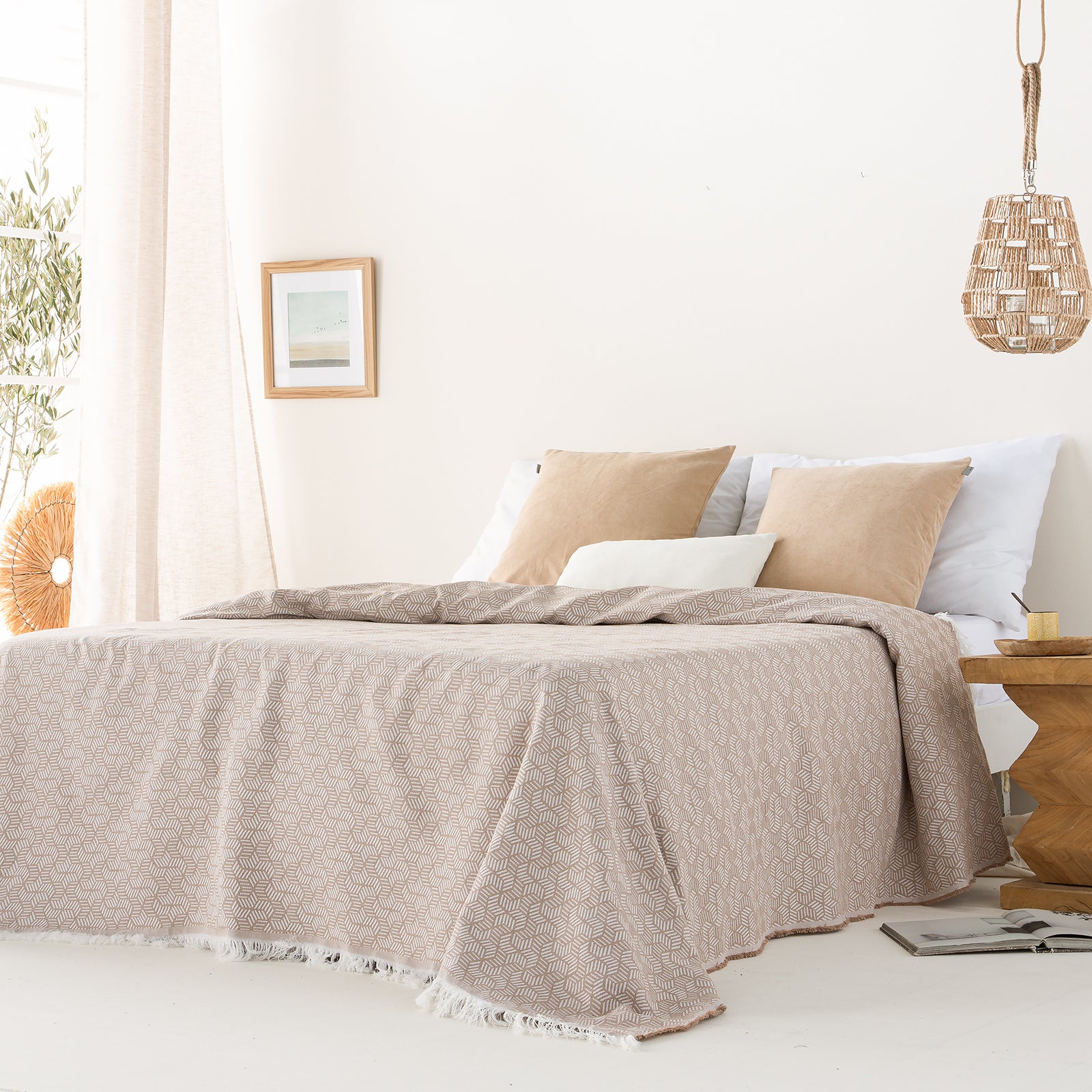 Plaid couvre-lit polyvalent, jeté de canapé Géométrique coton 140x180cm coloris Beige - 3