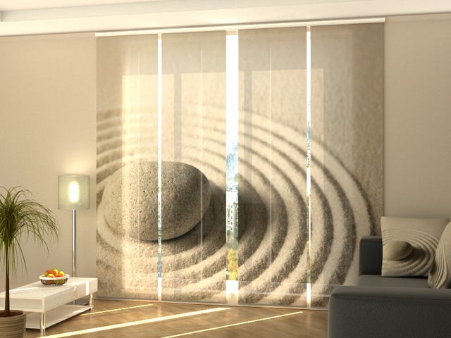 4 Painéis Japoneses WELLMIRA com Trilho de 4 vias, 60x245 cm -Pedra Zen no Jardim Japonês