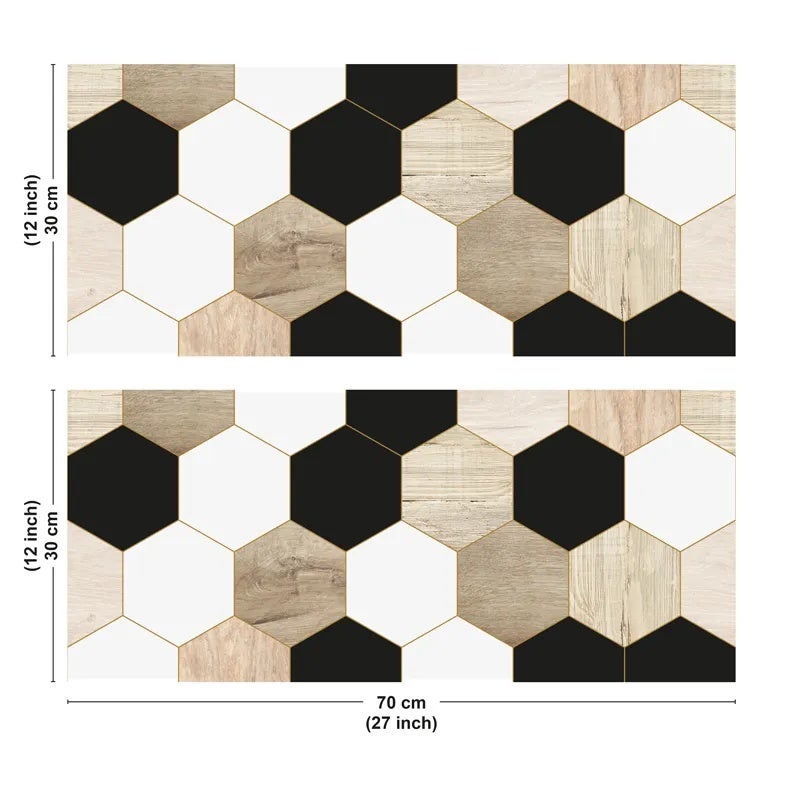 Crédence de salle de bain en PVC style bois carreaux de ciment beige et noir 140x30 cm (en 2 bandeaux) - Mix Hexa - 3