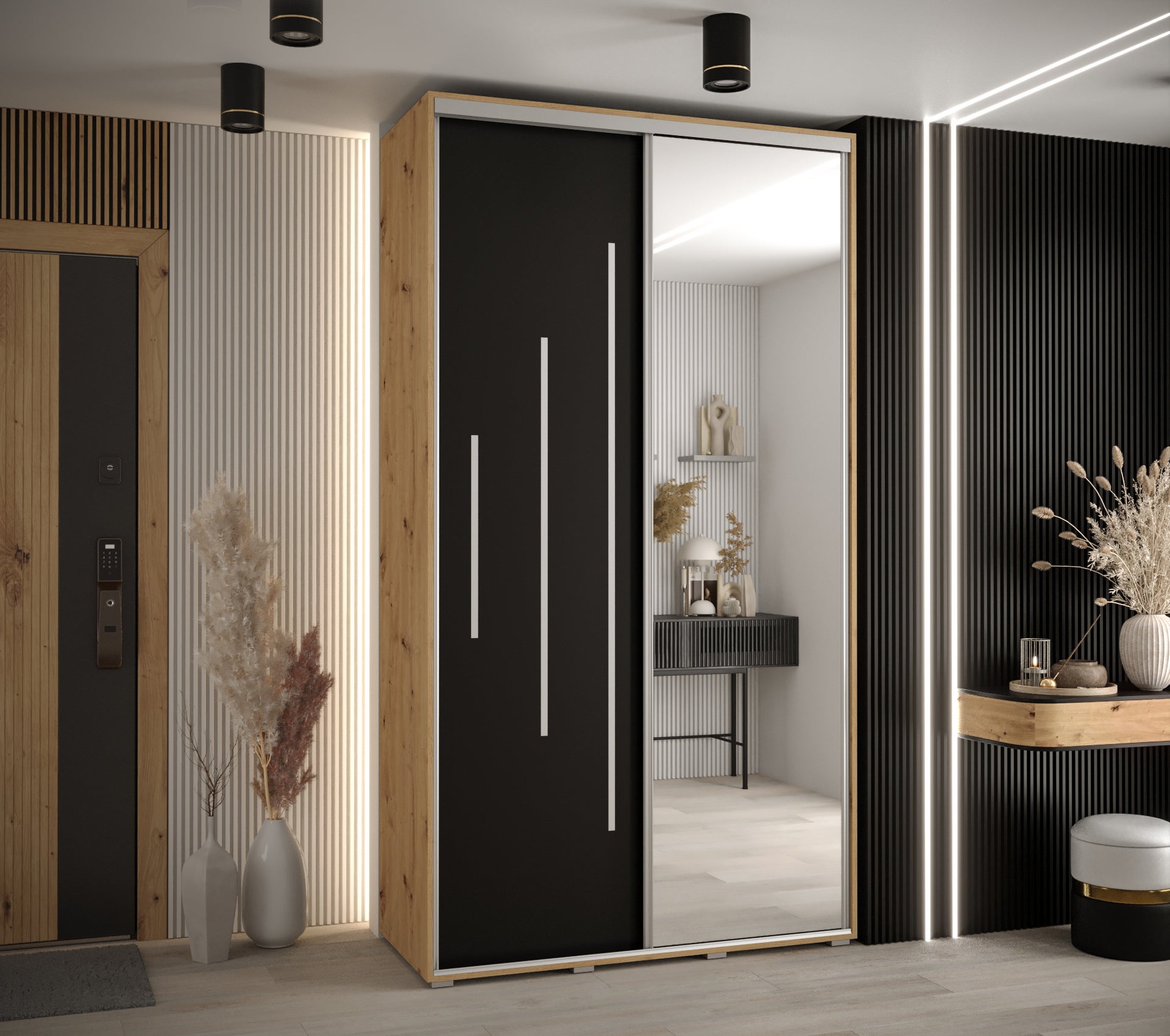 Szafa przesuwna z lustrem wysoka Davos 13 140 x 60 x 235,2 cm artisan + czarmy + u. srebrny - Abiks Meble - 2