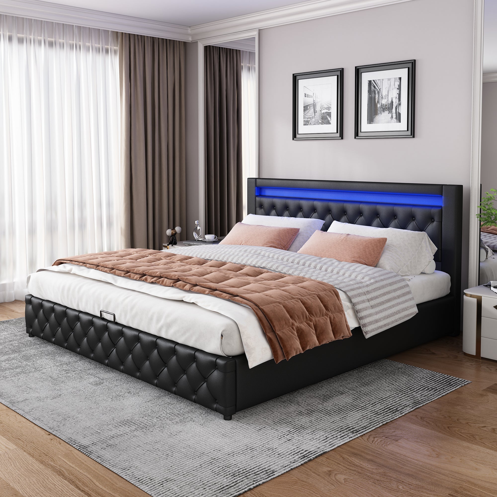 Cama contenedor con cabecero - 160 x 200 cm - Cuero PU y LED - Somier de láminas - Estilo contemporáneo - Negro - 5