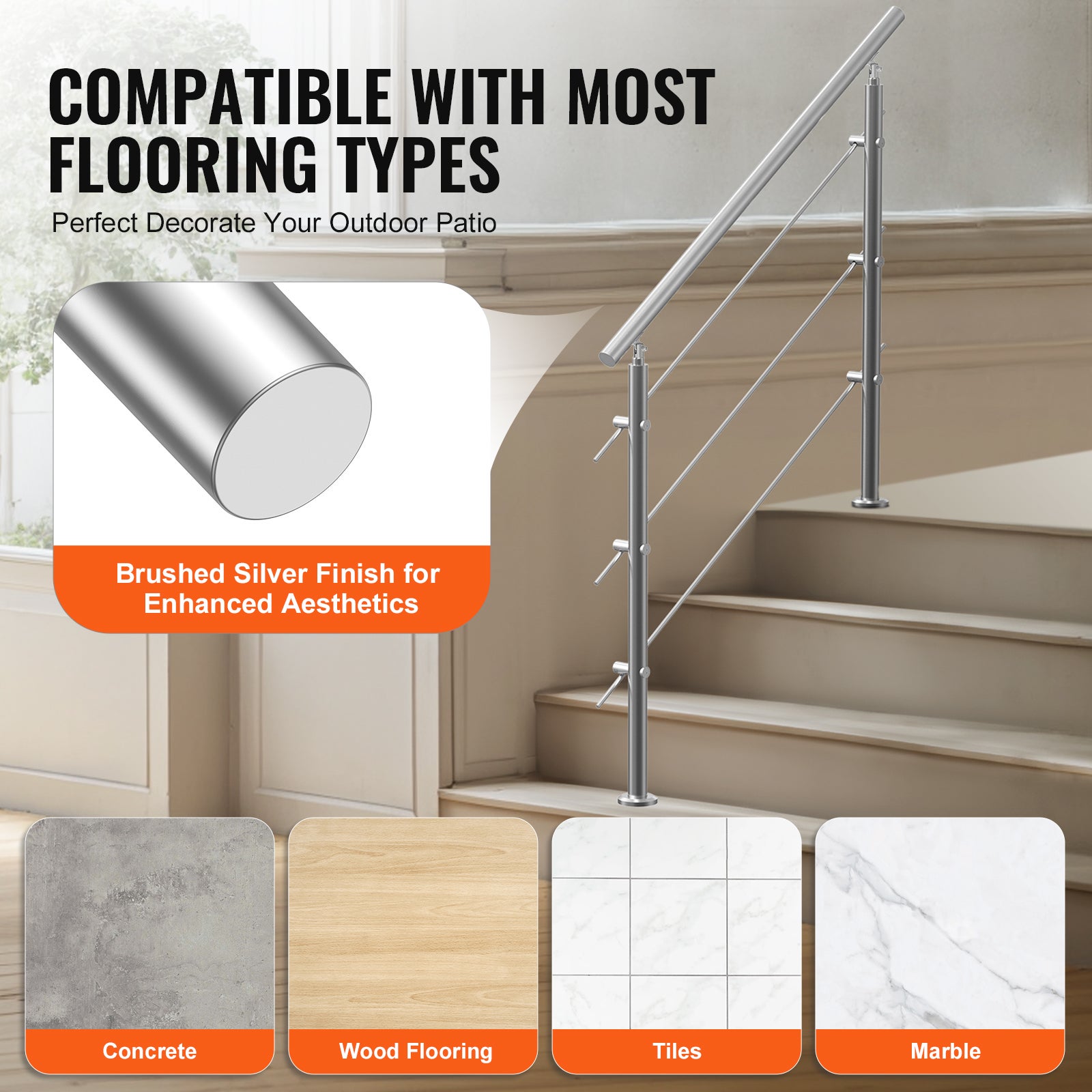Rampes extérieures SucceBuy 47,2 po,3 barres transversales,design double colonne,rampes inox avec kit d'installation. - 7
