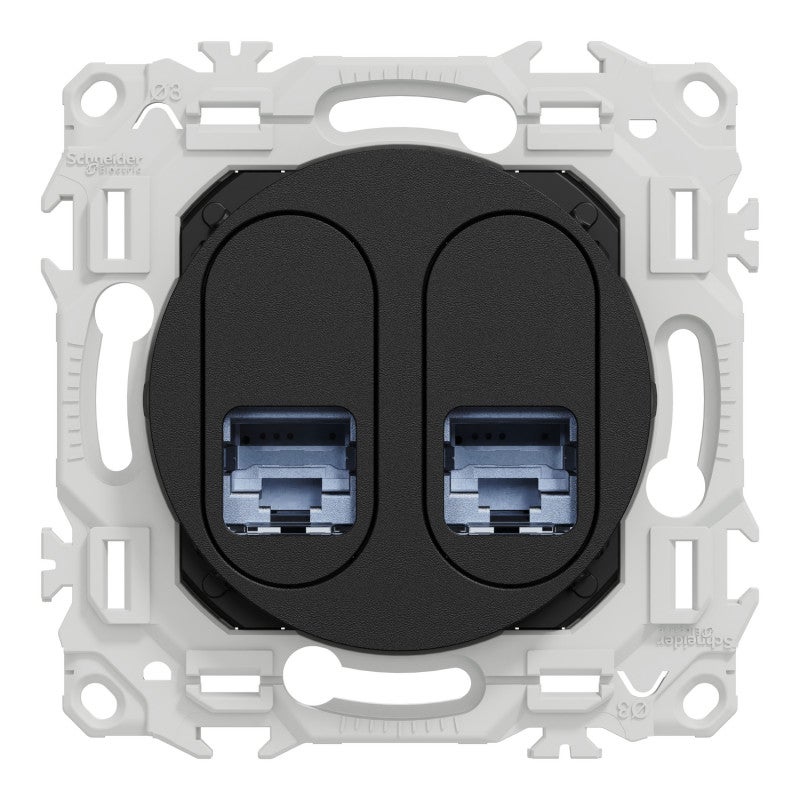 Prise double RJ45 Odace Schneider Electric - Cat.6 - STP - Noir Onyx - 2