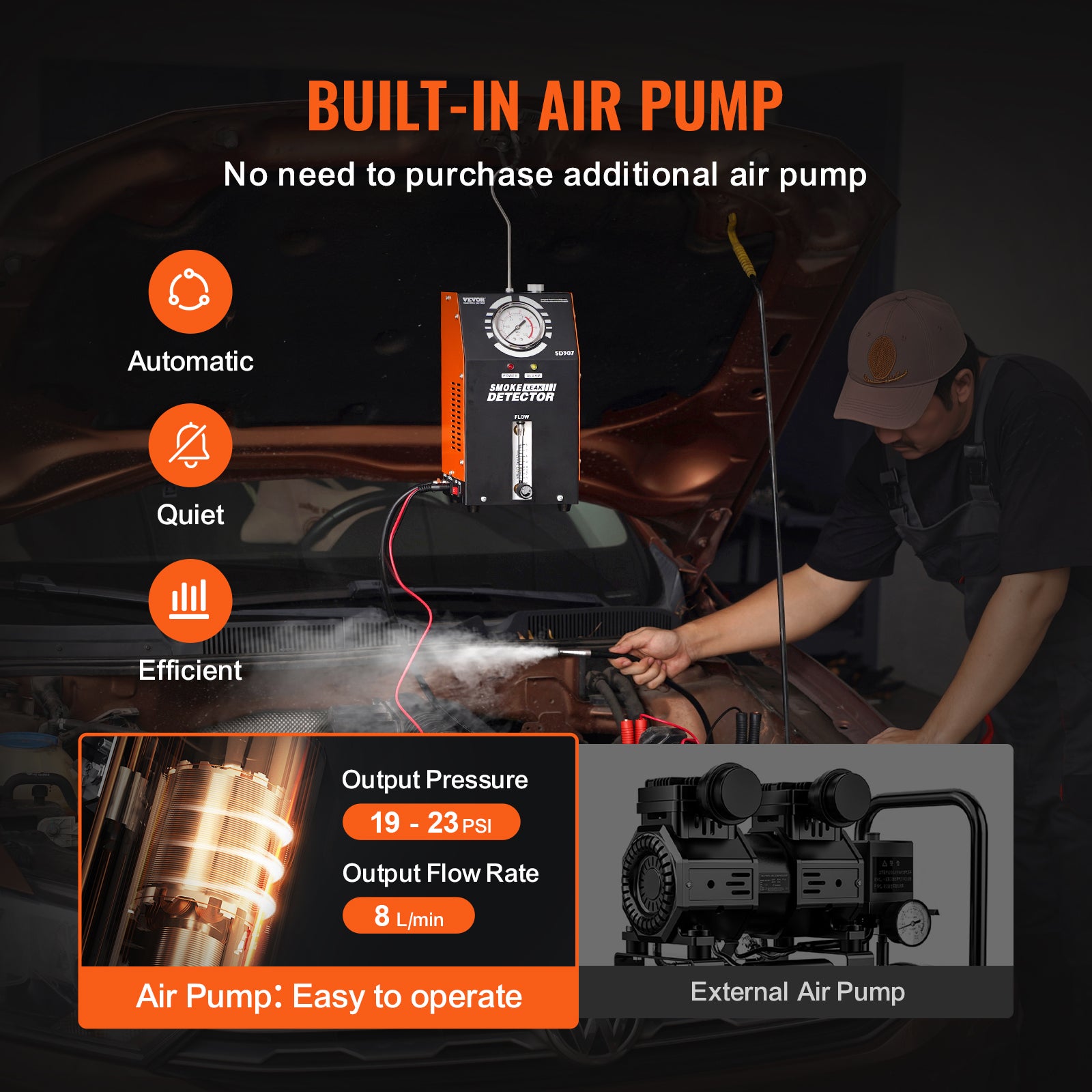 détecteur fuite de carburant,VEVOR 2 Modes,pompe à Air intégrée,manomètre et débitmètre,testeur fuite de tuyaux du système d'échappement voiture - 3