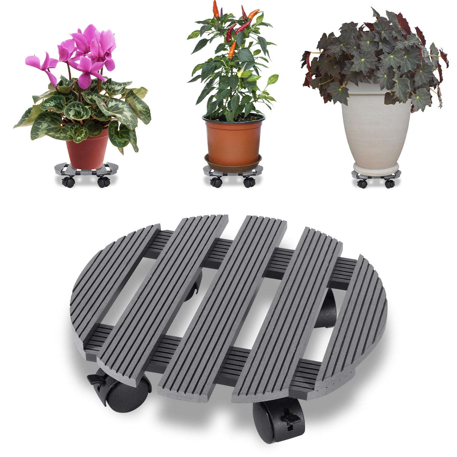Fioriera Rotonda In Plastica Stile Rattan, Colore Grigio Ardesia, Diametro 28 Cm, Per Esterno, Con Fori Drenaggio, The Garden Imp