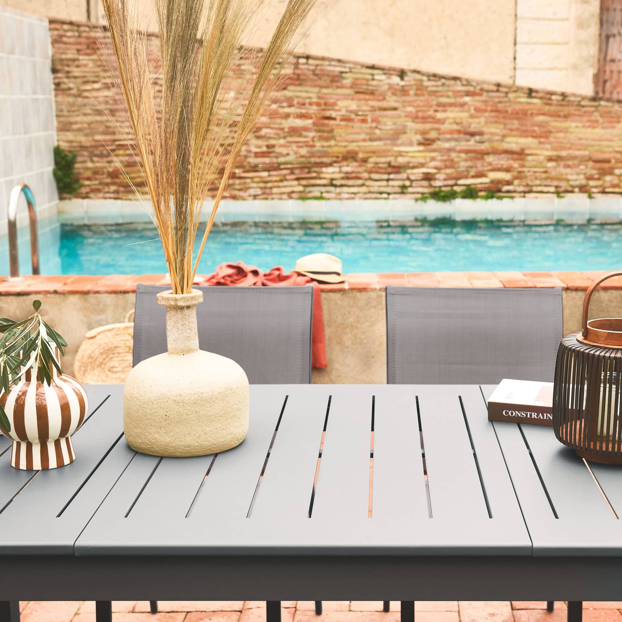 Mesa de jardín extensible de aluminio con 6 sillas Antracita - 218.5x89x75 cm - 4