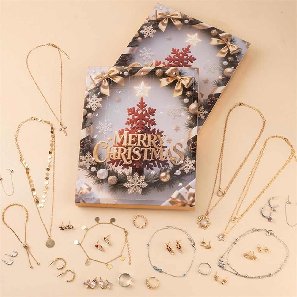 Calendario dell'Avvento a 24 scomparti con gioielli, materiale in lega, calendario dell'Avvento di 24 giorni, set di bigiotteria natalizia - 3