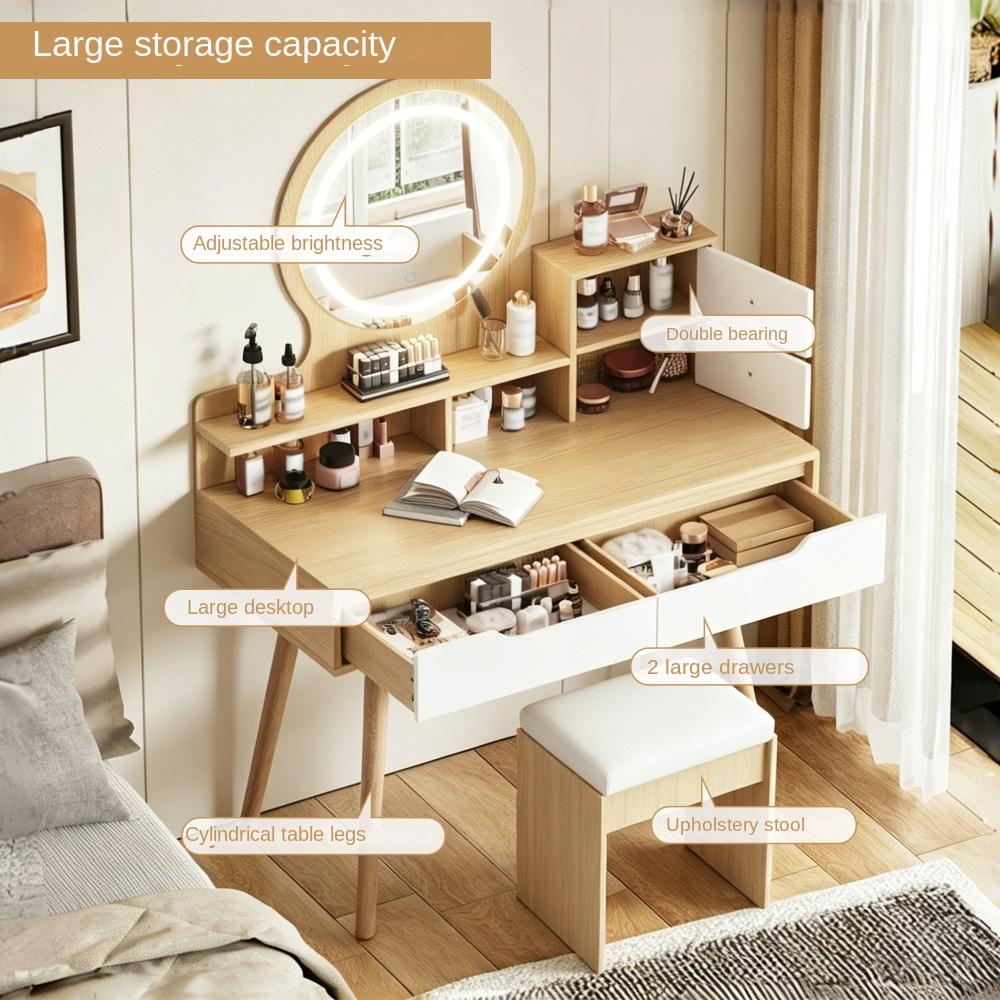 Coiffeuse LED avec miroir, table de maquillage en MDF effet bois, 2 tiroirs et tabouret, 80×40×135 cm - 4