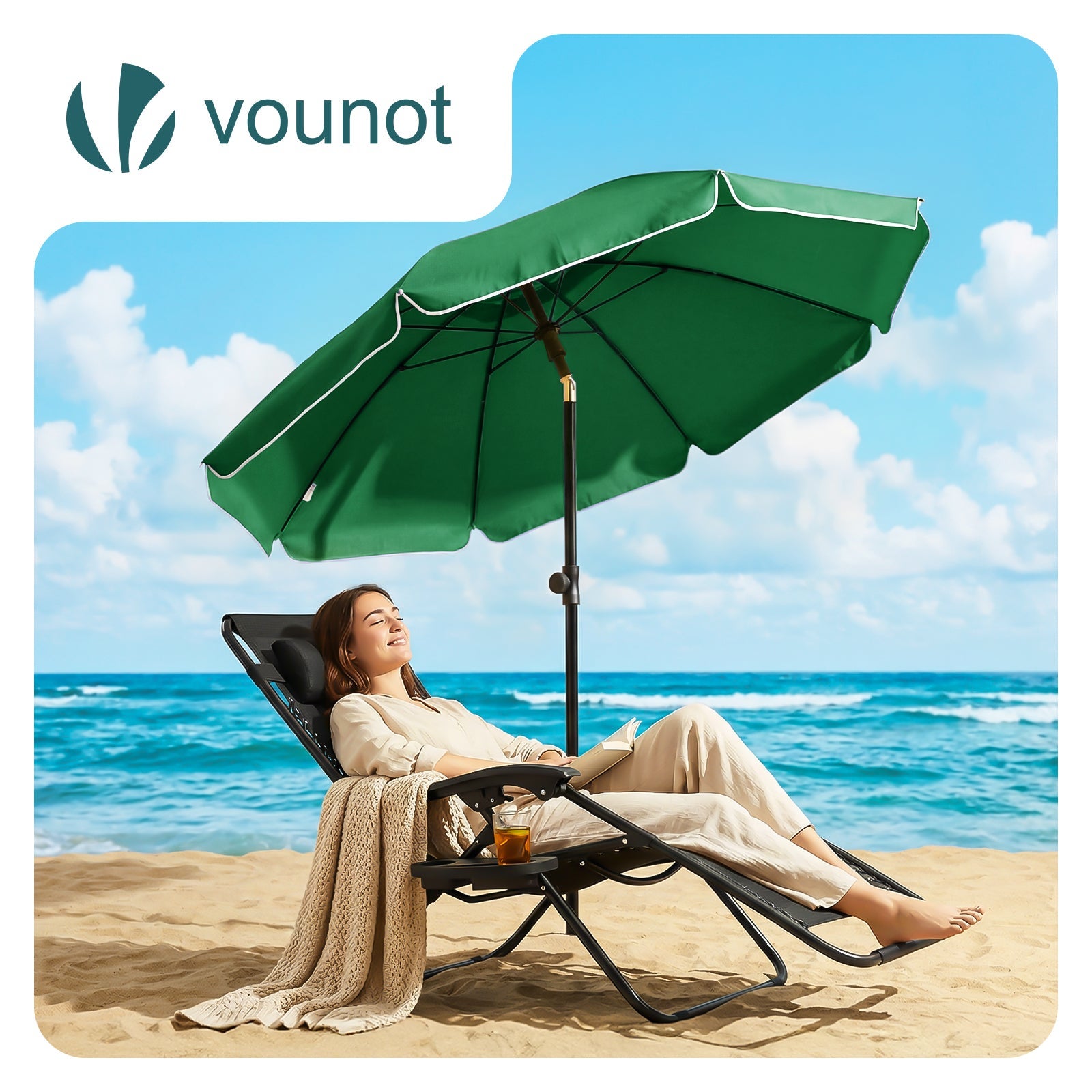 Parasol de jardin inclinable 2M avec ancrage au sol - Parasol de plage UV 50+ Vert - VOUNOT® - 2