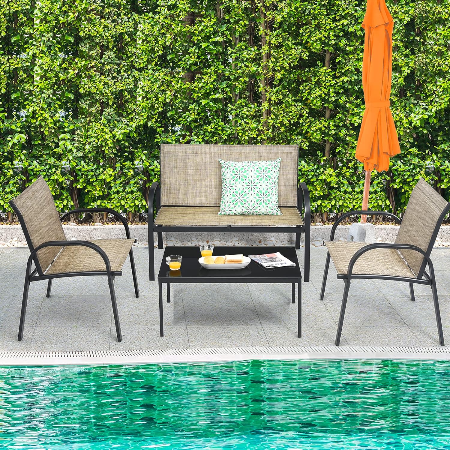 Ensemble Salon de Jardin 4 Pièces en Métal, 2 Fauteuils, Ensemble de Meubles de Patio(Marron) - 2