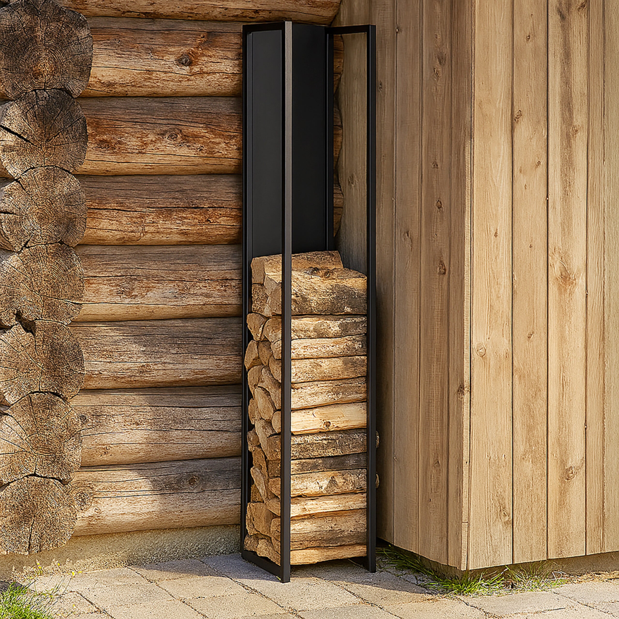 Rangement pour bois de cheminée, métal, support haut, pour bûches, empilage, HxLxP : 157x23,5x30 cm, noir, Relaxdays - 2