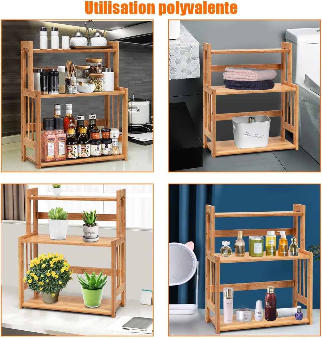 Porta Spezie a 3 Ripiani, Portaspezie Mensola per Cucina Bagno e Toletta, Organizzatore Supporto Porta Spezie in Legno bambù, Carico 20kg, 50 - 4