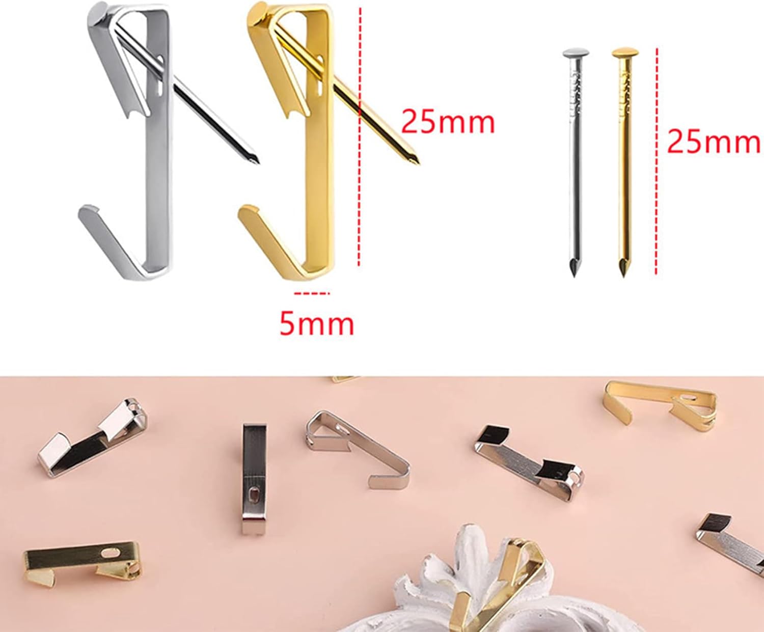 Confezione da 25 ganci per quadri con chiodi, supporta fino a 30 libbre, ganci per quadri, argento - 4