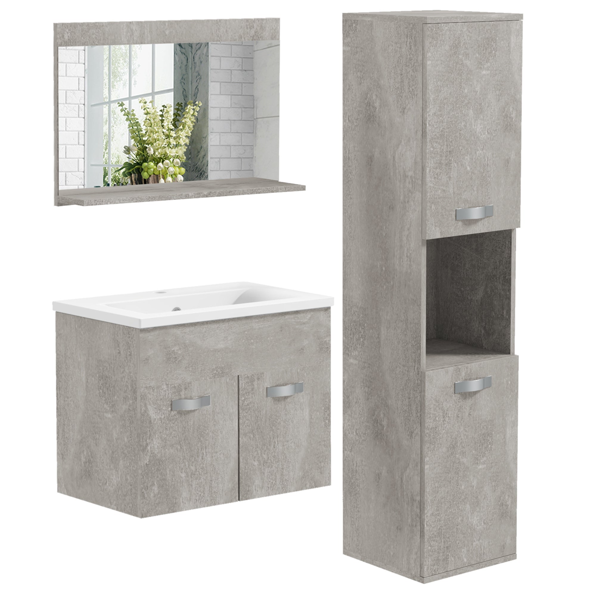 Conjunto de muebles de baño de 3 piezas para montaje en pared, que incluye armario con espejo, lavabo de cerámica y columna lateral gris para baño.