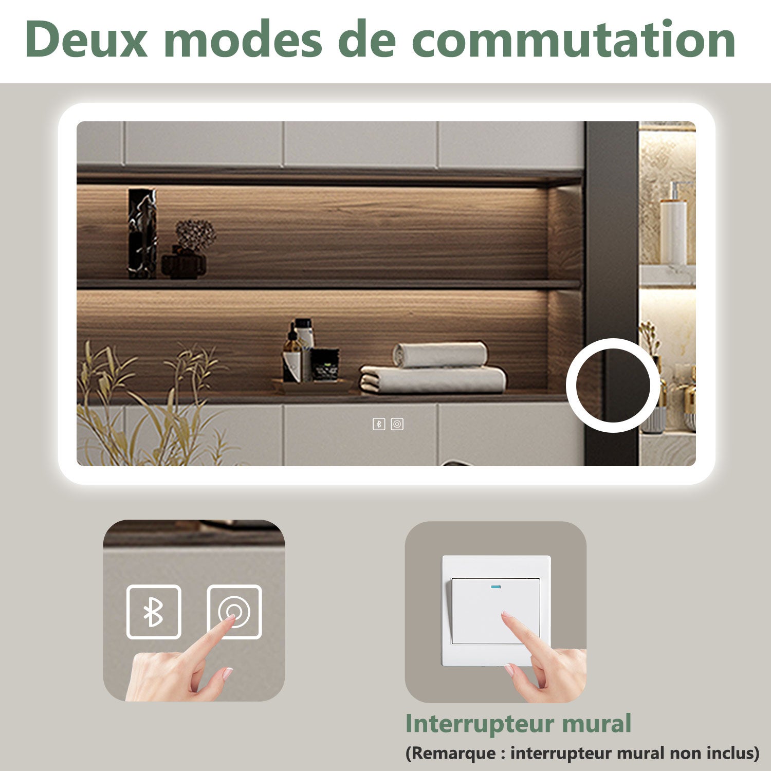 AICA Miroir lumineux rectangulaire 100 x 60cm, bluetooth + 3 couleurs + dimmable + grossissant + anti-buée + mémoire, miroir salle de bain mural - 7