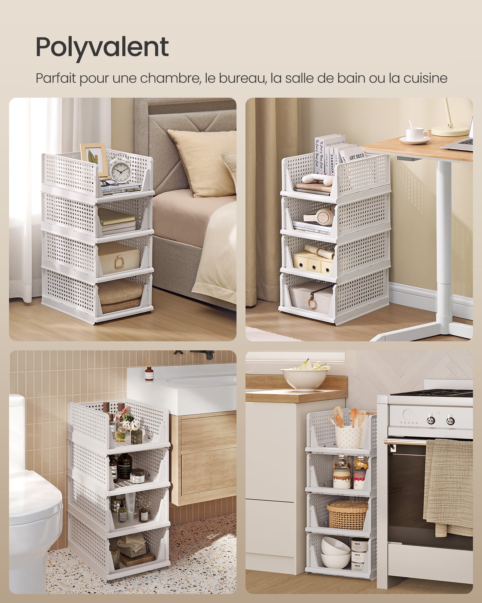 SONGMICS Organisateur d’Armoire Pliable, Tiroir Coulissant Empilable, Lot de 4, Blanc - 6