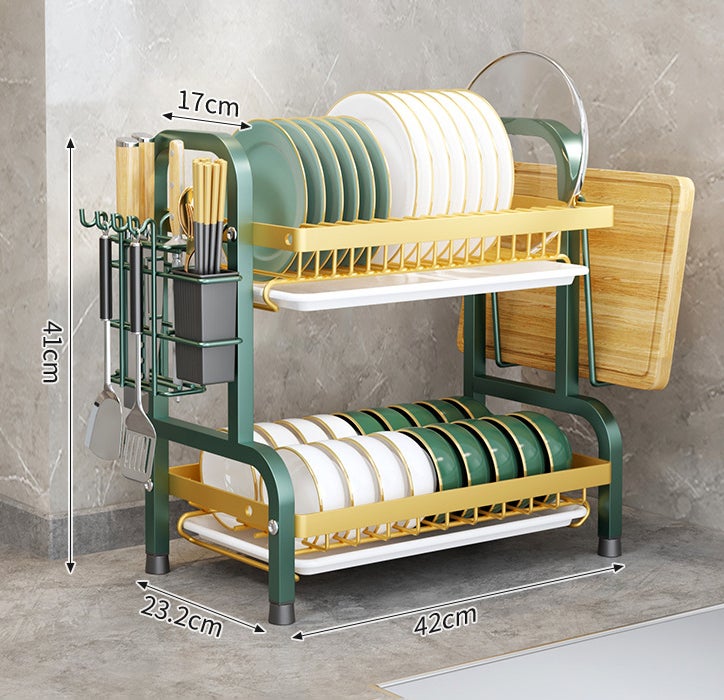 Égouttoir vaisselle double niveau Darmlink vert – Acier inoxydable, grande capacité, avec plateau d’égouttage, pour assiettes et bols - 6