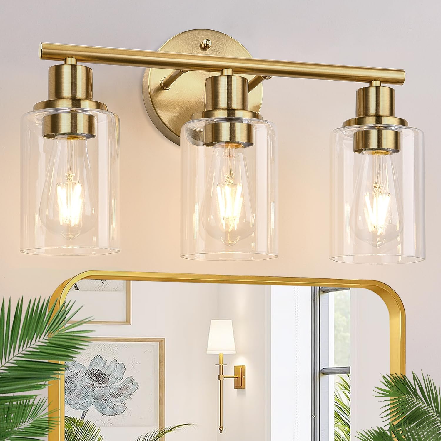 Aplique de pared moderno dorado de 3 luces con pantalla de vidrio transparente para baño, sala de estar, dormitorio, bombilla e27 (no incluida)