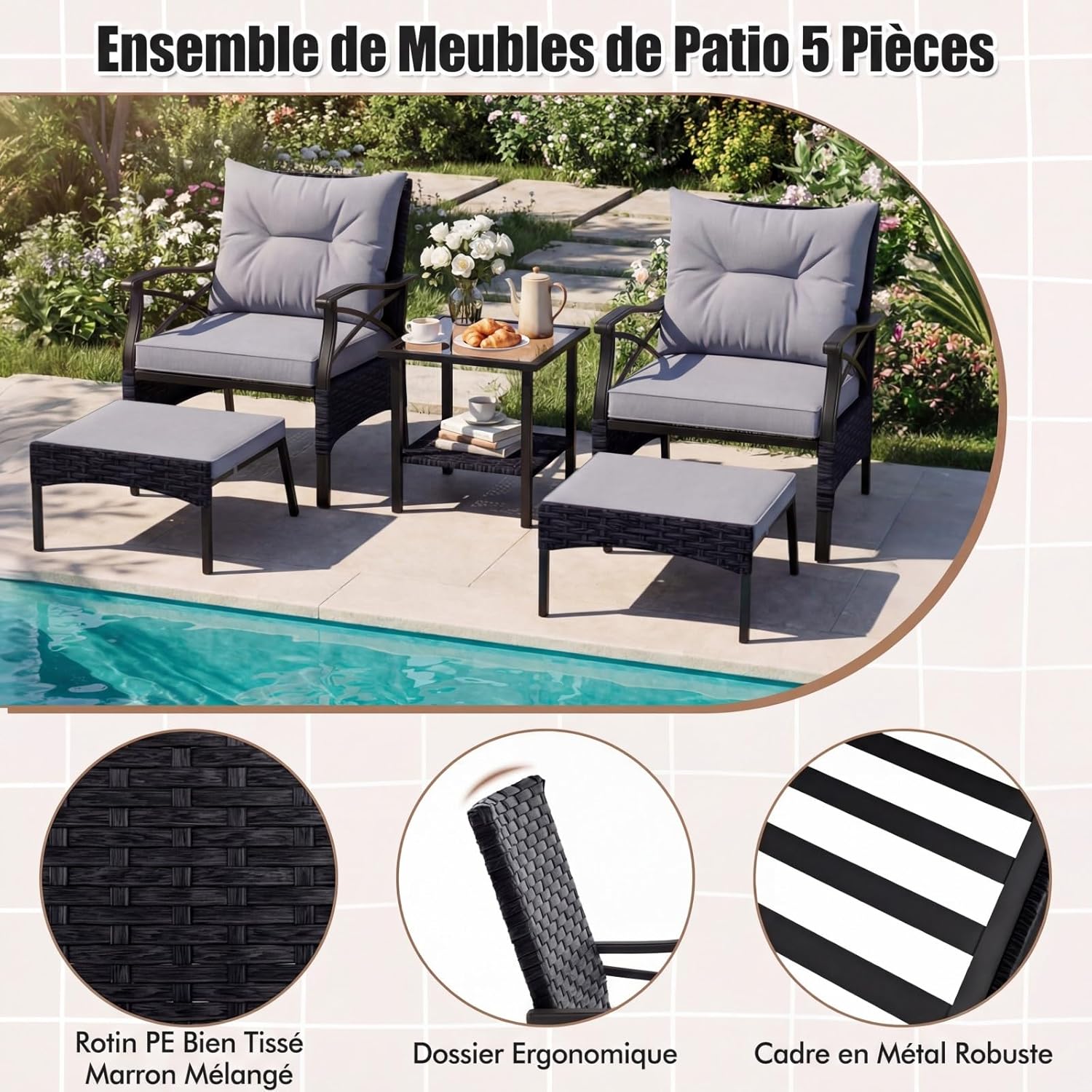 GIANTEX Conjunto Móveis Pátio 5 Peças em Rattan, 2 Cadeiras 2 Pufs e 1 Mesa Baixa Tampa Vidro Temperado Almofadas, para Pátio Quintal, Cinza - 3