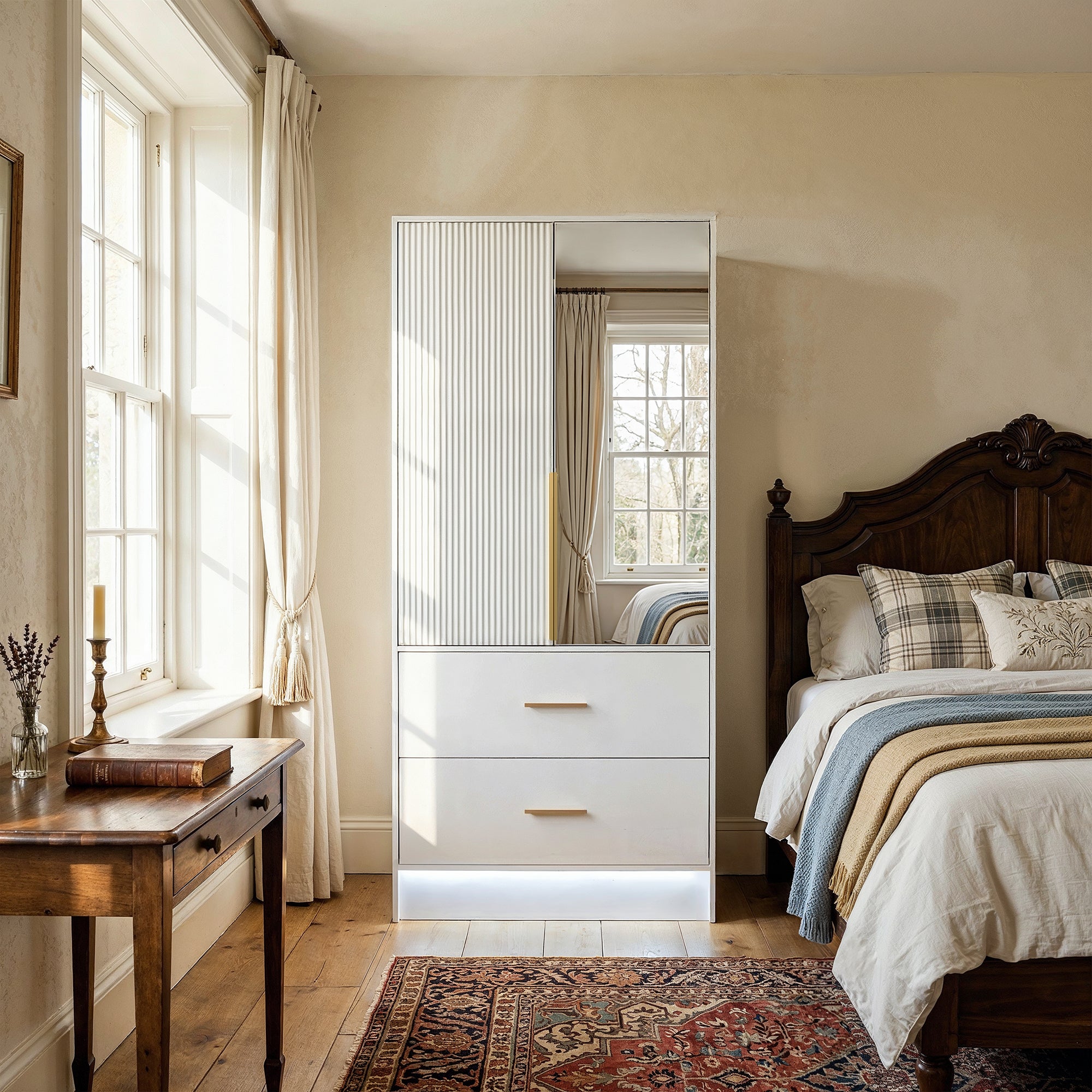 Armoire miroir avec 2 portes, 2 tiroirs et penderie, Armoire à vêtement avec LED, Chambre, 75x48x170, blanc - 7