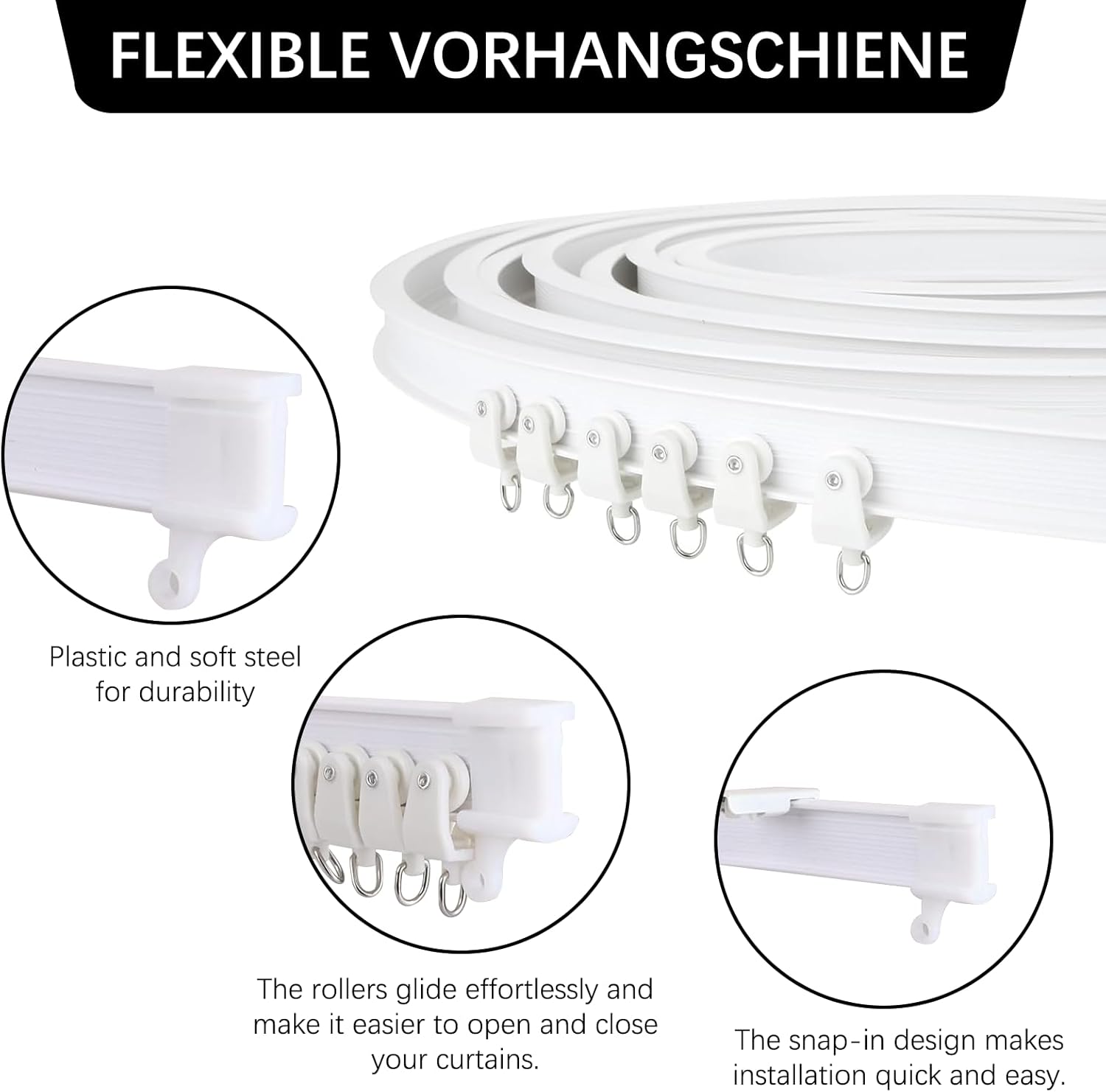 Binario per tende flessibile 3M per soffitto, binario per tende curvo con rulli silenziosi, ideale per finestre, privacy e arredamento per la casa - 3