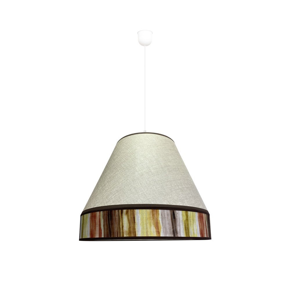 Ręcznie wykonana lampa wisząca Susa z beżowym stożkowym abażurem i wielokolorową tkaniną ø45 cm