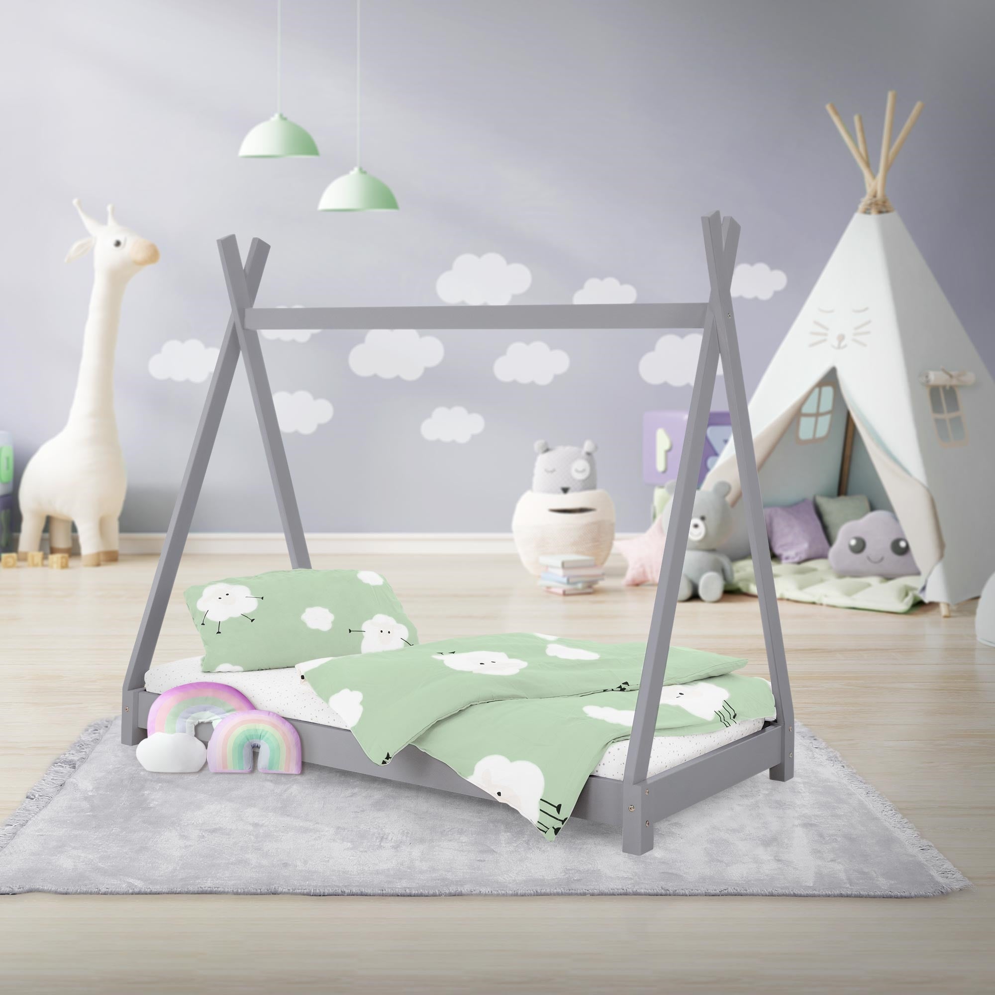 ML-Design łóżko indyjskie tipi 70x140cm jasnoszare z materacem stelażem z listew z litego drewna sosnowego dla dziewczynek i chłopców domek dziecięcy