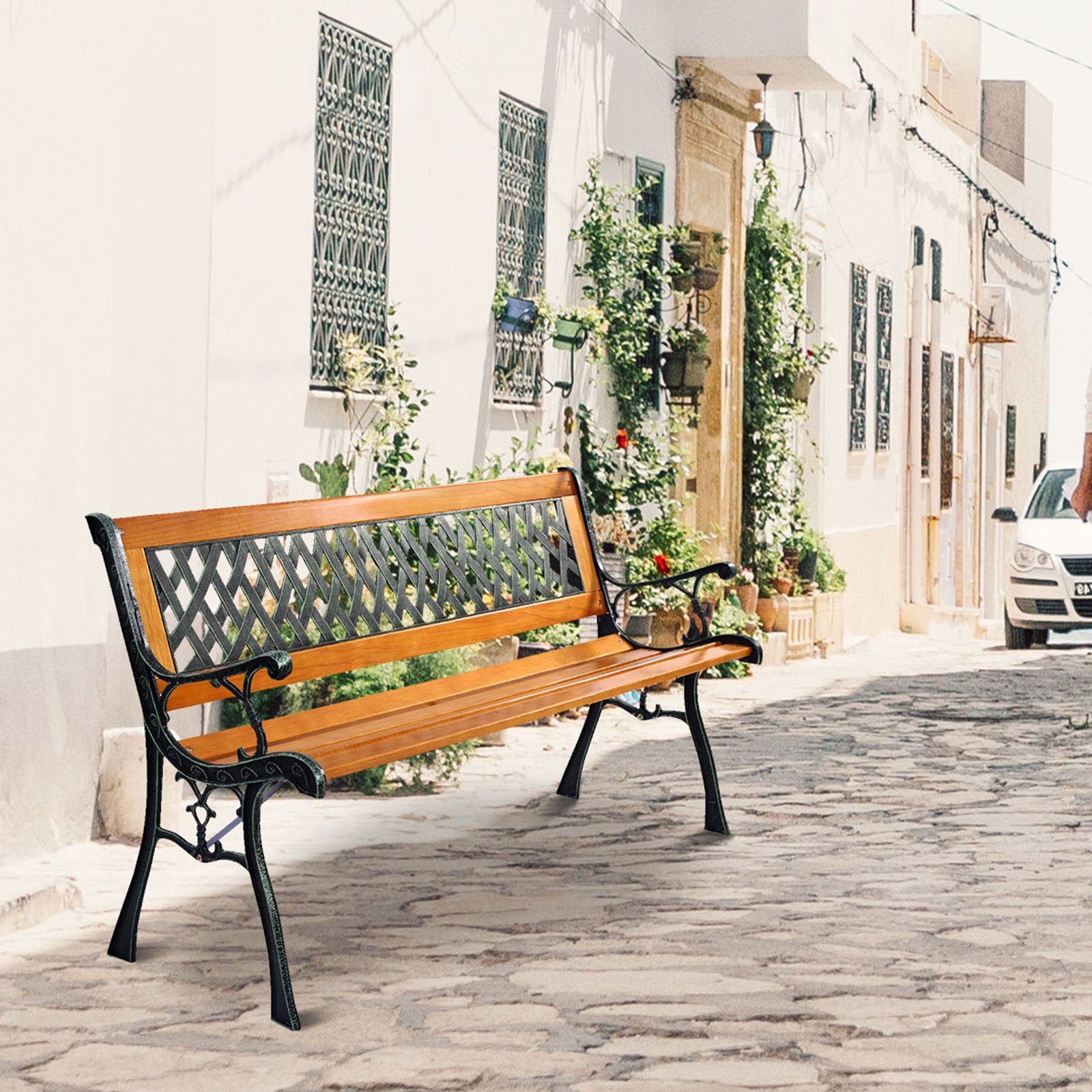 Banc de Jardin Mobilier Extérieur 125 cm en Fonte Siège à Lattes Cadre en Bois Dossier en Plastique Capacité de Charge 210KG - 9