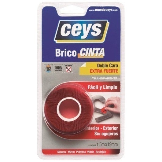 CEYS Ruban Adhésif Double Face Transparent 1,5 m x 19 mm Extra Fort 507519 - 2