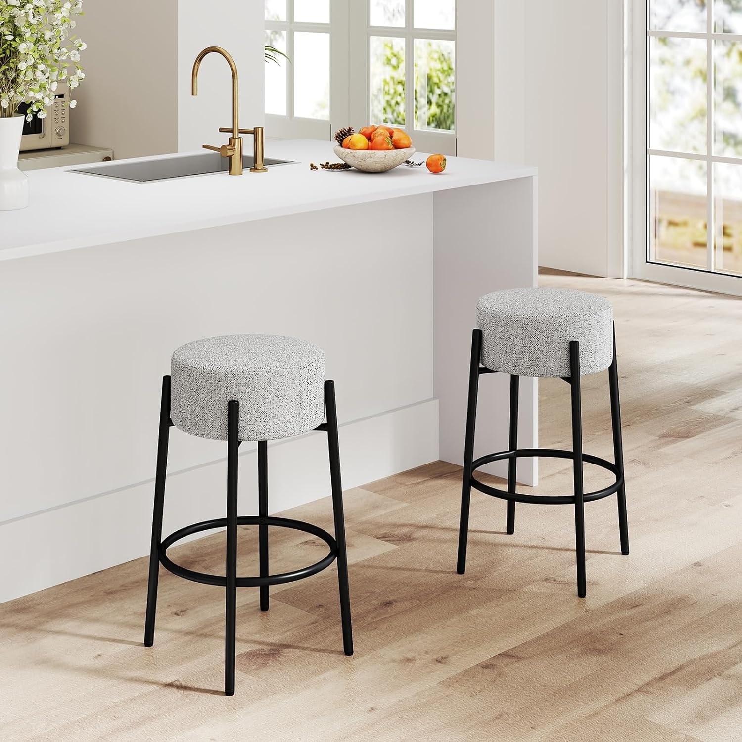 Banco de bar, cadeira de bar, assento redondo estofado, tecido de linho, apoio para os pés, banco para cozinha, sala de jantar, café, cinza - 2