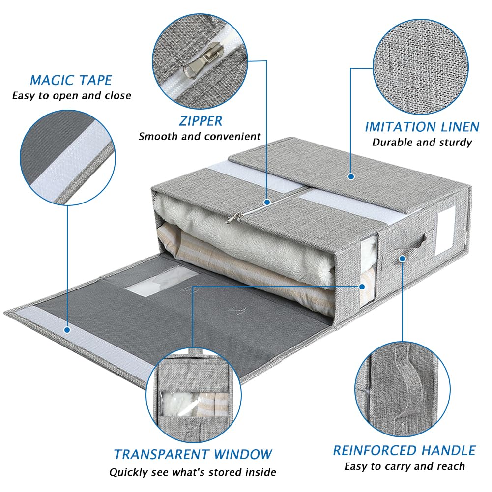 Eurhomewit Rangement Drap De Lit, Boite Rangement Drap Pliable Pour Housse Couette, Organisateur Drap De Lit Avec Fenêtre Et Poignées, Rangement Draps Pour Vêtements, 2 PCS (Taille Queen/King) - Gris