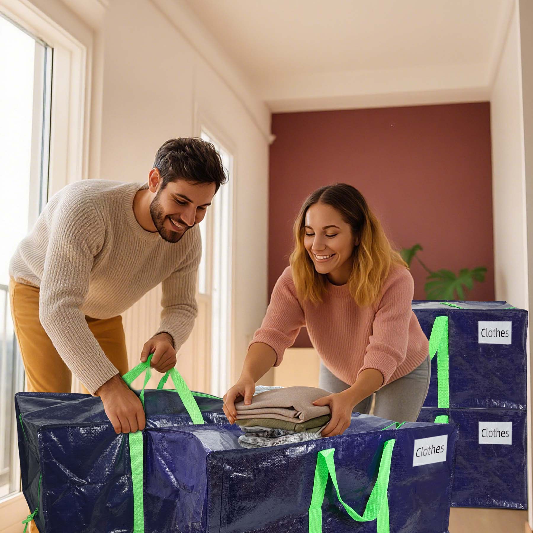 Lot de 5 sacs de déménagement grand format - sacs de rangement avec sangles de sac à dos et poignée - bleu - VOUNOT® - 2
