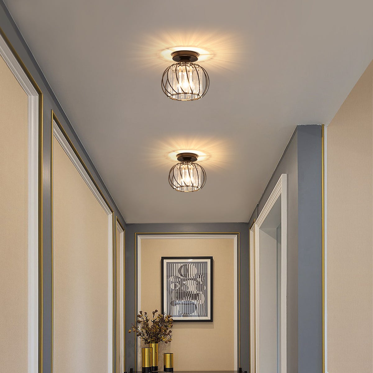 GOECO Plafonnier Industriel Cristal et Métal Noir, Luminaire Plafond Vintage Ø19 cm, Douille E27 Sans Ampoule pour Salon Chambre Couloir - 7