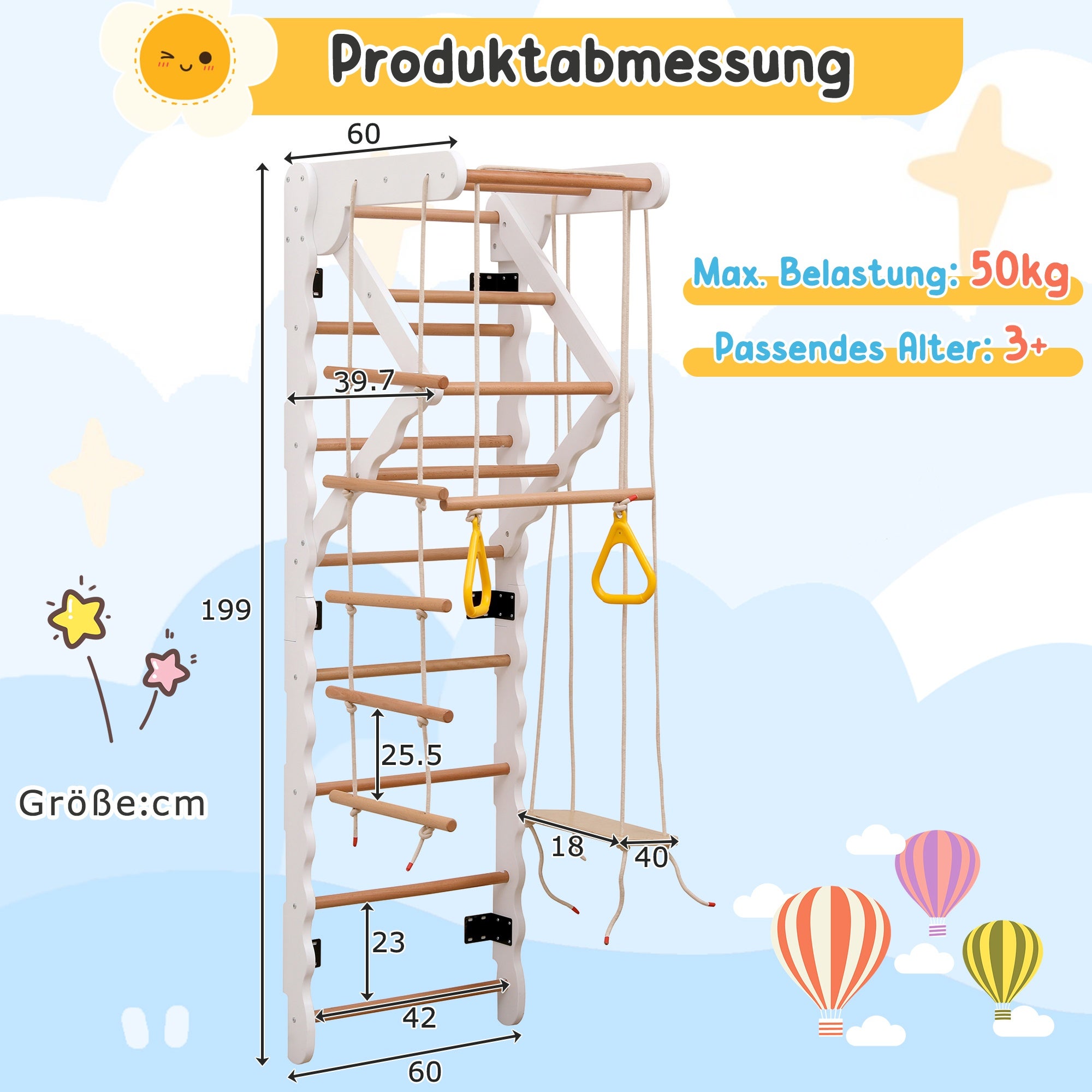 Structure de jeu 6 en 1 - Rutsche, Schaukel, Krabbelleiter, Klettergerüst, Klimmzugsbereich, Ringe - Bois de hêtre - 5