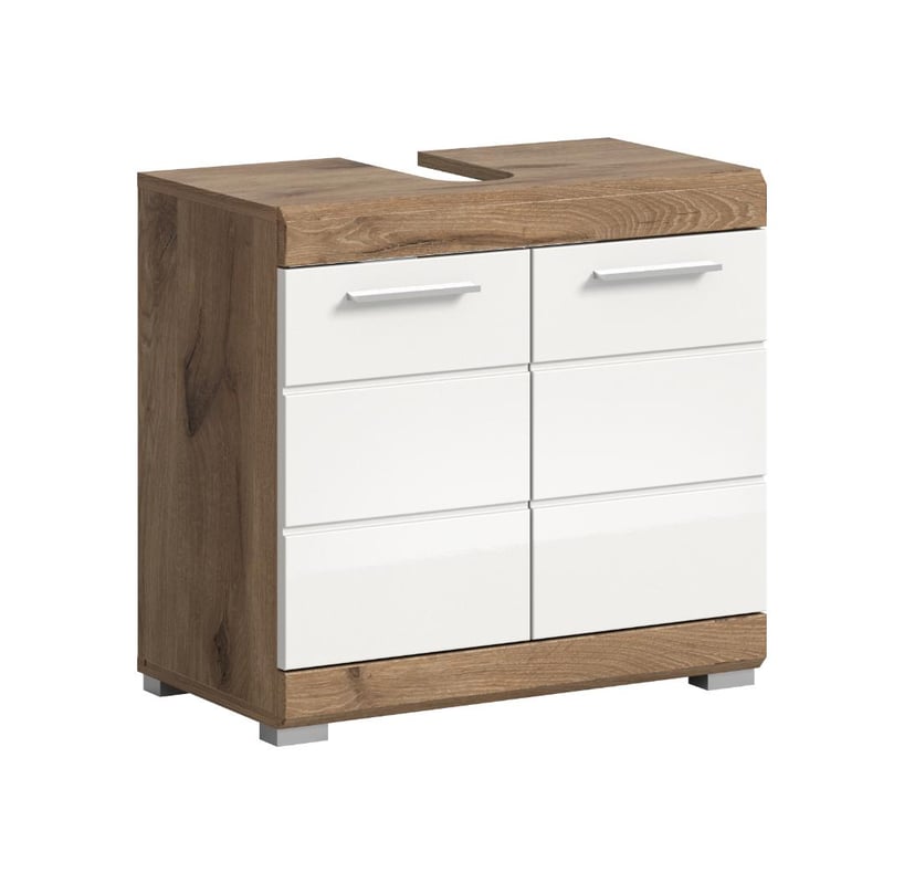 Wave szafka pod umywalkę 2 drzwi biały połysk, dąb dekor.