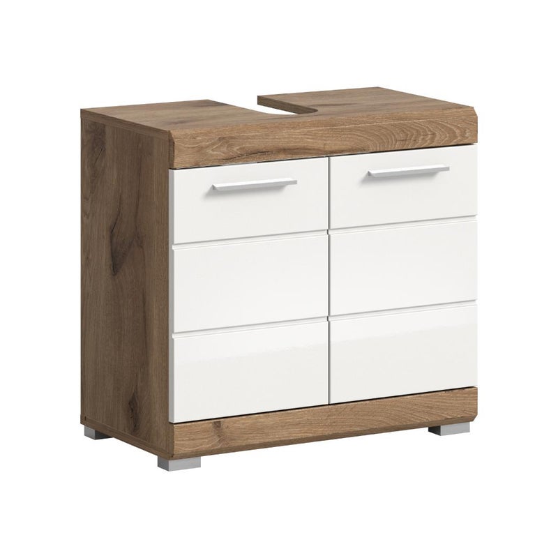 Wave szafka pod umywalkę 2 drzwi biały połysk, dąb dekor.
