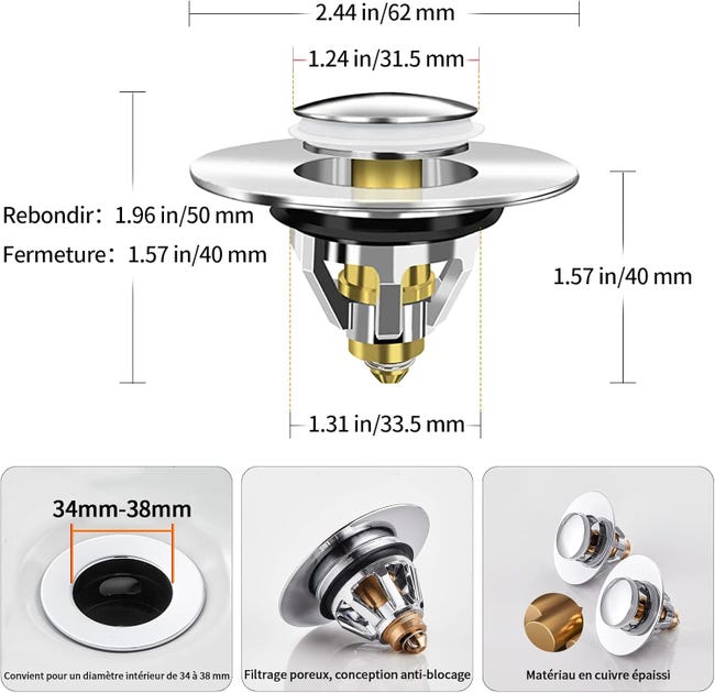 BEBUSINGOTO Tappo Universale Per Lavandino, Tappo Per Lavandino Del Bagno Tappo Di Scarico A Scomparsa Di Ricambio Da 40 Mm 87536650 BEBUSINGOTO Tappo Universale Per Lavandino, Tappo Per Lavandino Del Bagno Tappo Di Scarico A Scomparsa Di Ricambio Da 40 Mm 87536650