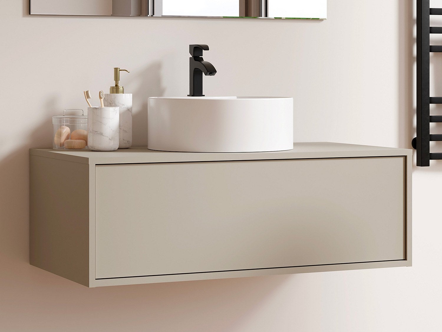 Szafka łazienkowa wisząca beżowa z pojedynczą okrągłą umywalką - 94 cm - TEANA II