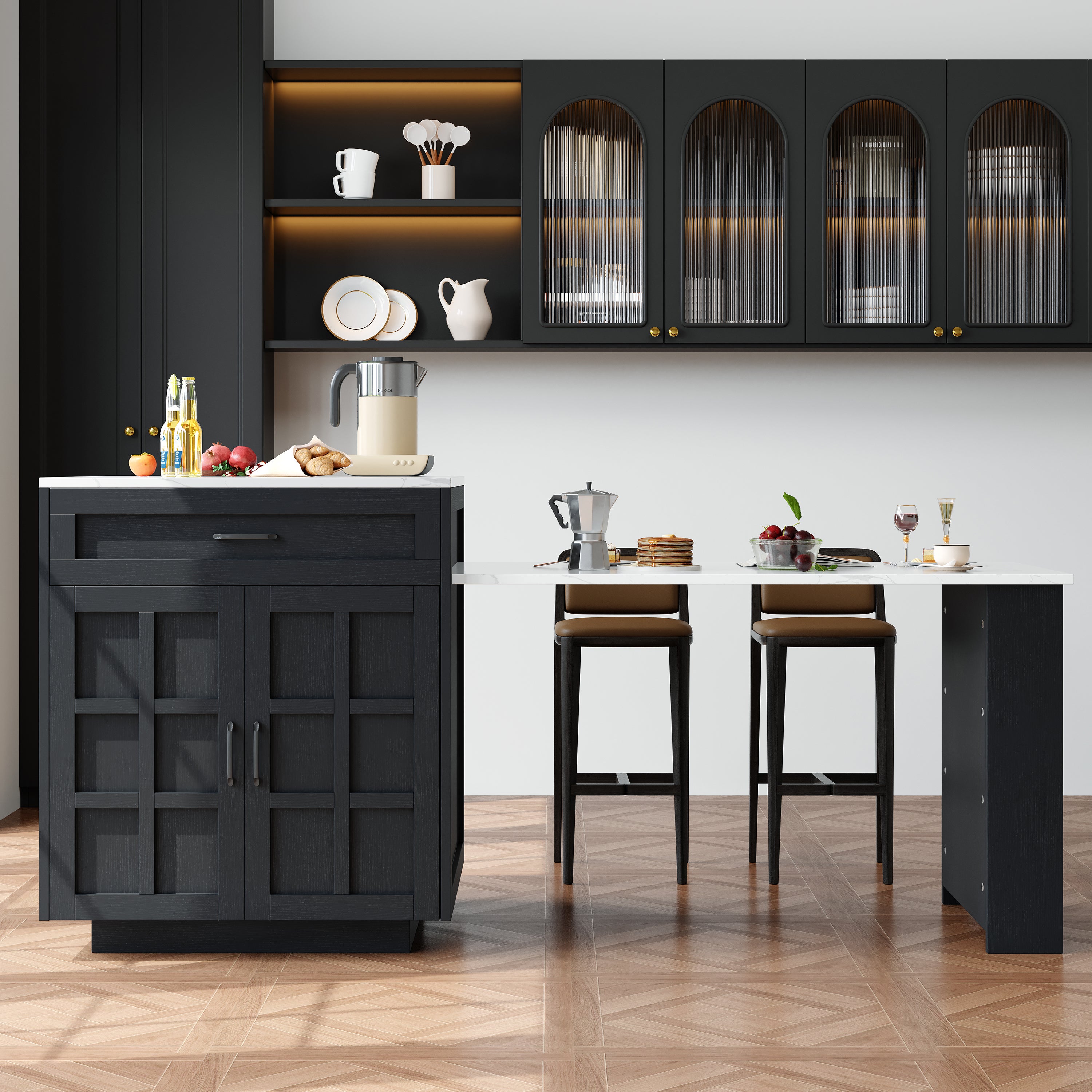 Wyspa kuchenna ze stołem jadalnym dla 4-6 osób - 2 szuflady, 2 drzwi i półki - 133/202 x 70 x 93,5 cm - MDF - Czarny - 4