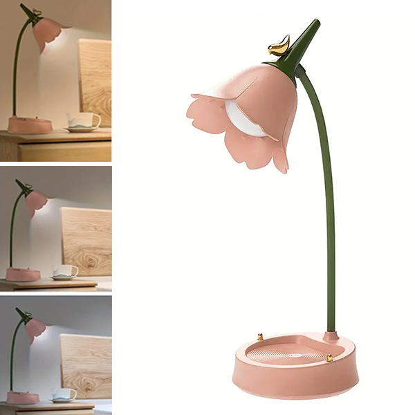 1 lampka stołowa LED w kształcie kwiatka, bezprzewodowa lampka stołowa, dotykowa, ściemnialna, 3 poziomy temperatury barwowej 3000-6000 K (różowa)