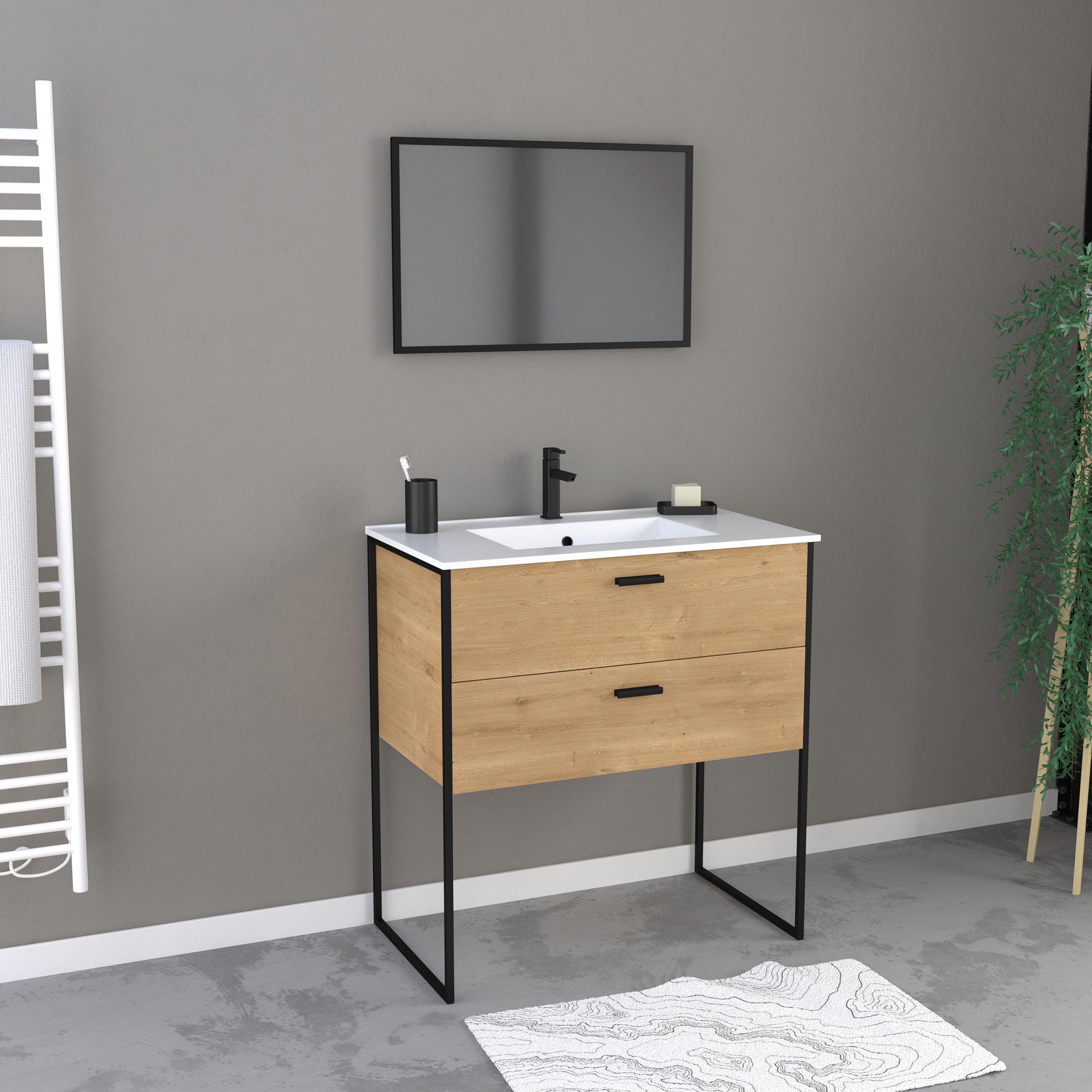 Set Mobile Bagno 80 cm Laccato Bianco 3 Cassetti con Lavabo in Ceramica