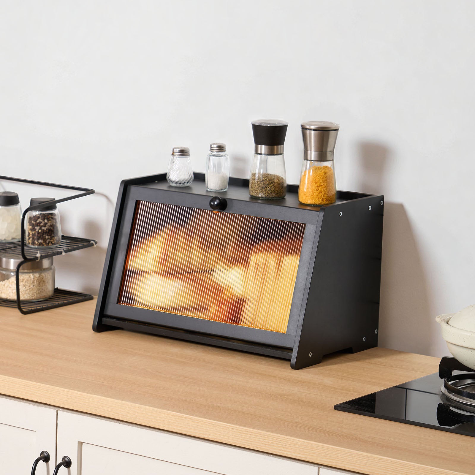 Caja para Pan VEVOR de 1 Nivel para Encimera de Cocina, Estilo Rústico, con Panel de Puerta Corrugado de Acrílico, Color Negro - 8