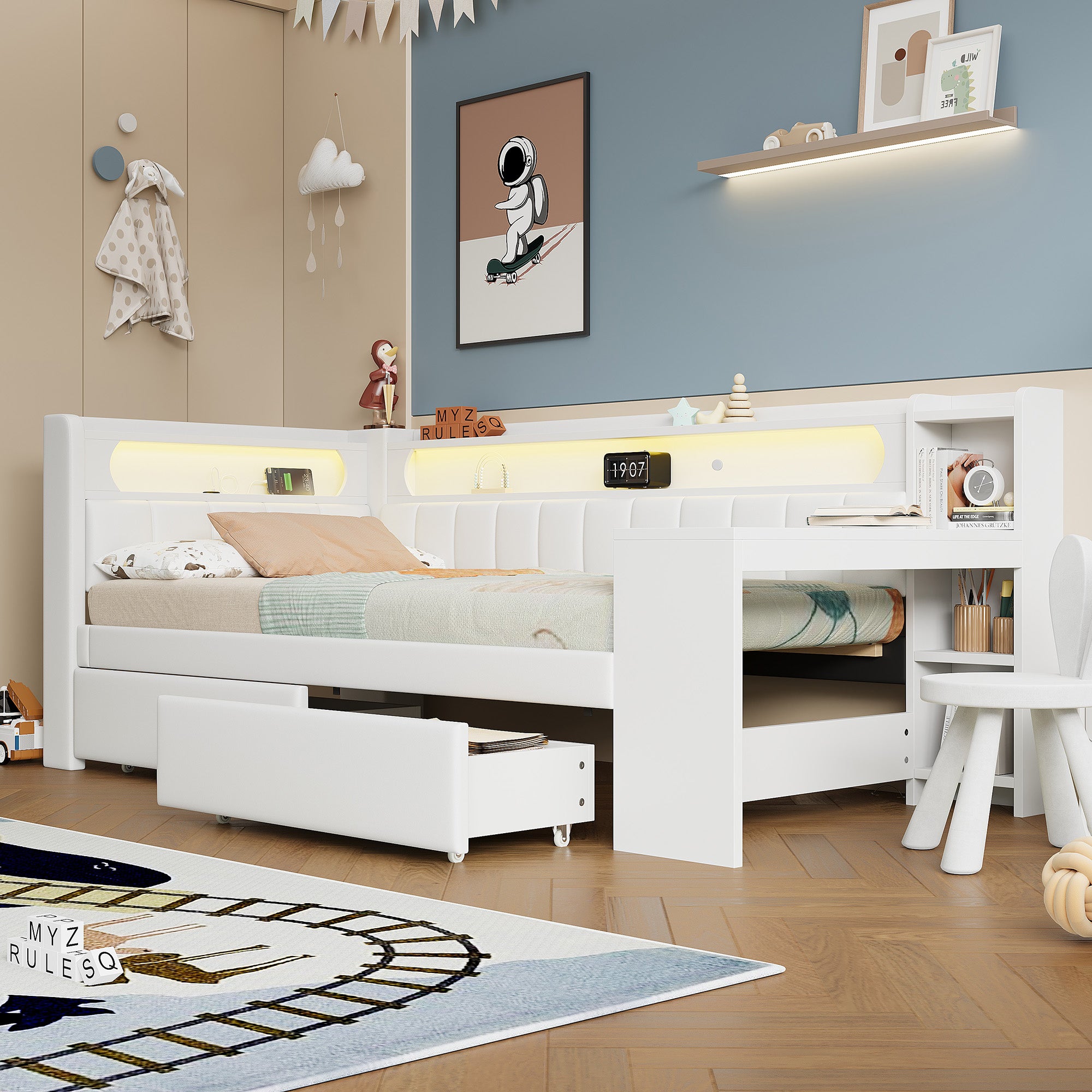 Tapicerowana rozkładana sofa 90x200 cm - z portami USB i LED - z biurkiem i 2 szufladami - biała (bez materaca)