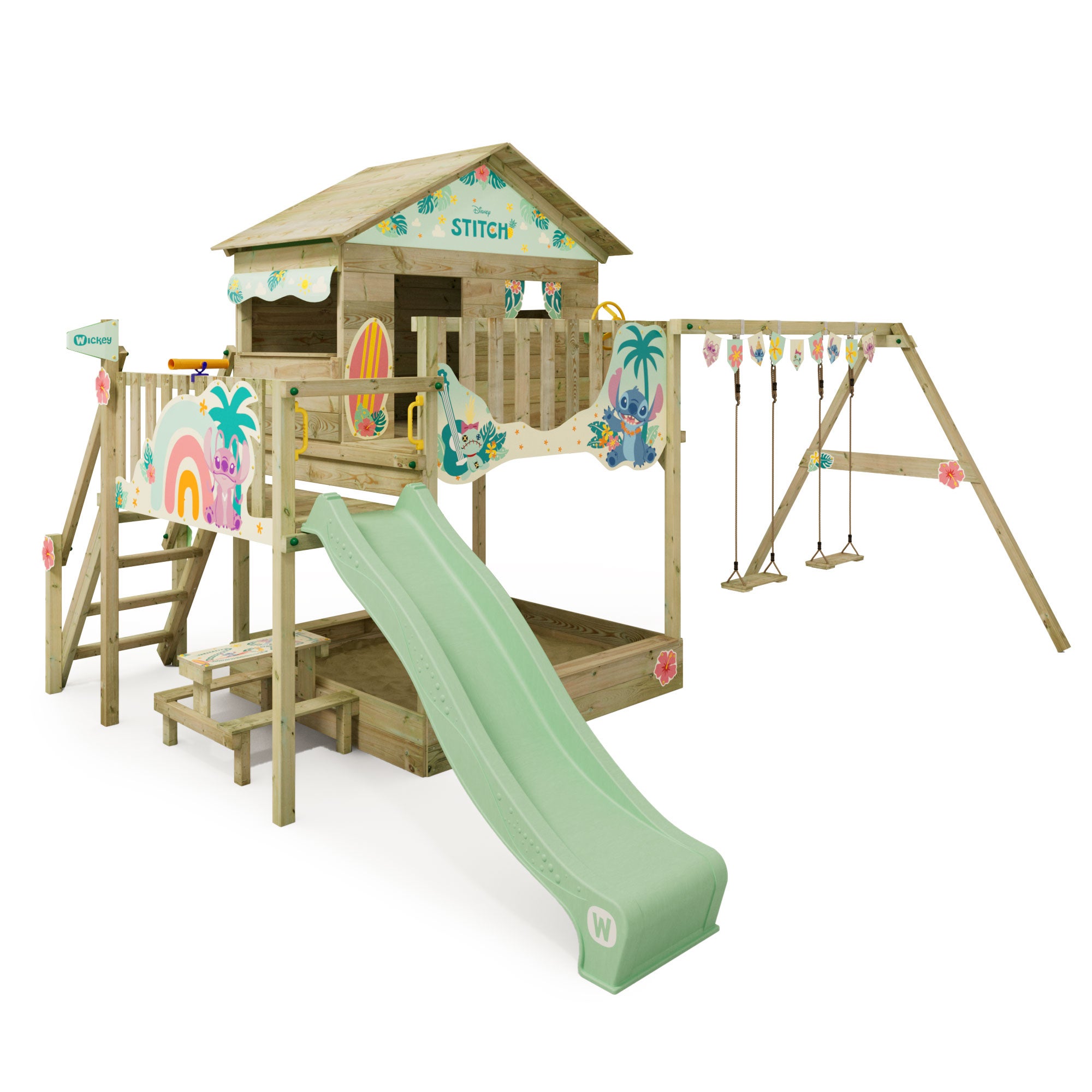Wickey MultiFlyer – Portique En Bois Avec Toit, Toboggan, Balançoire, Bac à Sable Et Cuisine De Boue