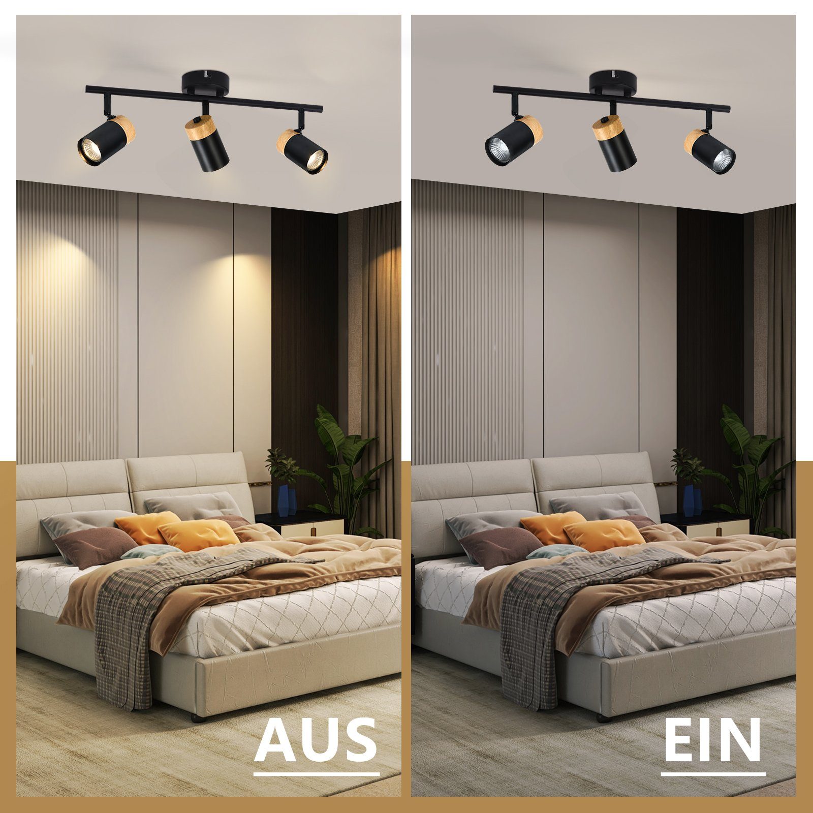 NETTLIFE Plafonnier 3 spots bois GU10 noir orientable 330° pour salon chambre cuisine chambre d'enfant sans ampoule - 5